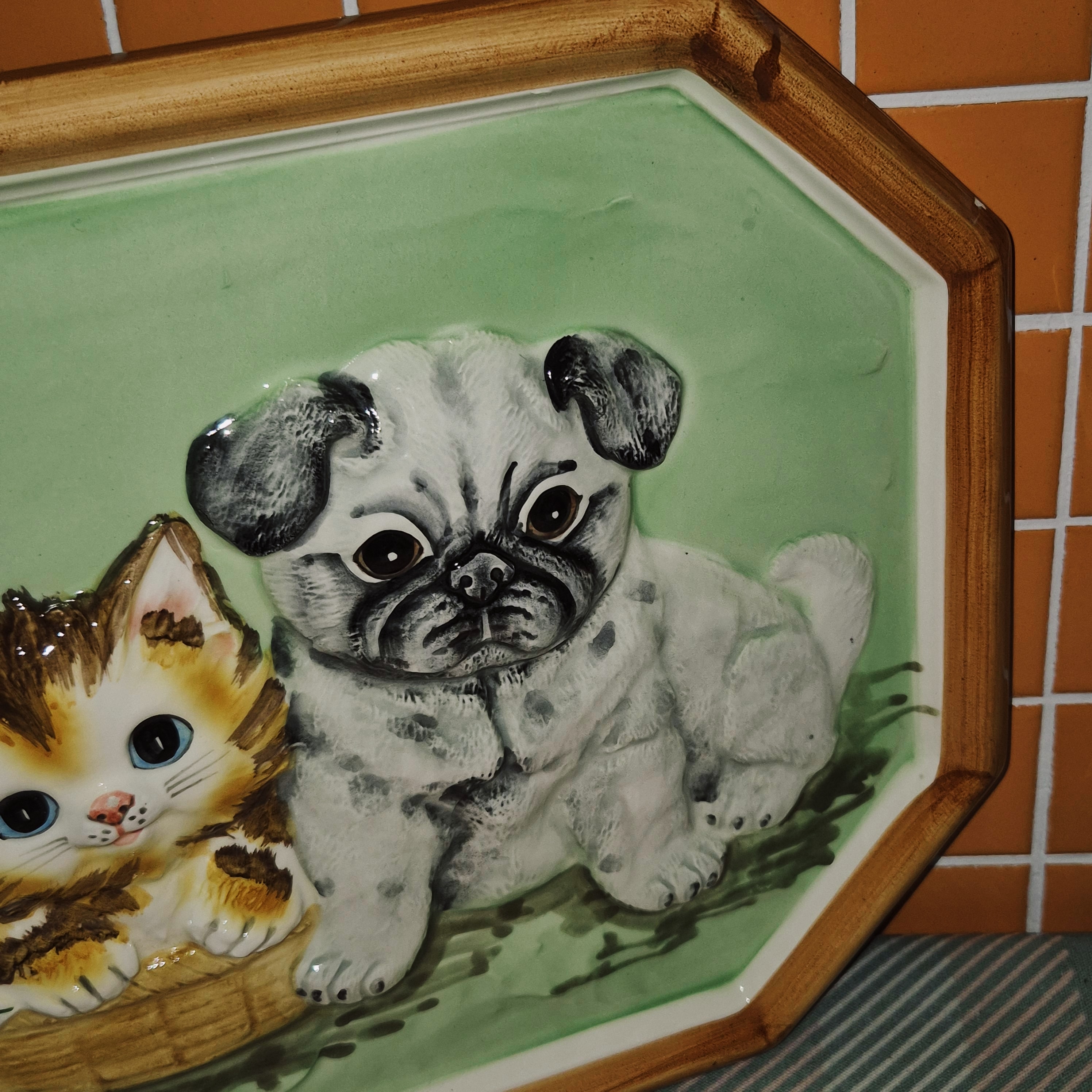 70s 카토 고양이&강아지 포셀린 벽걸이 3D 액자