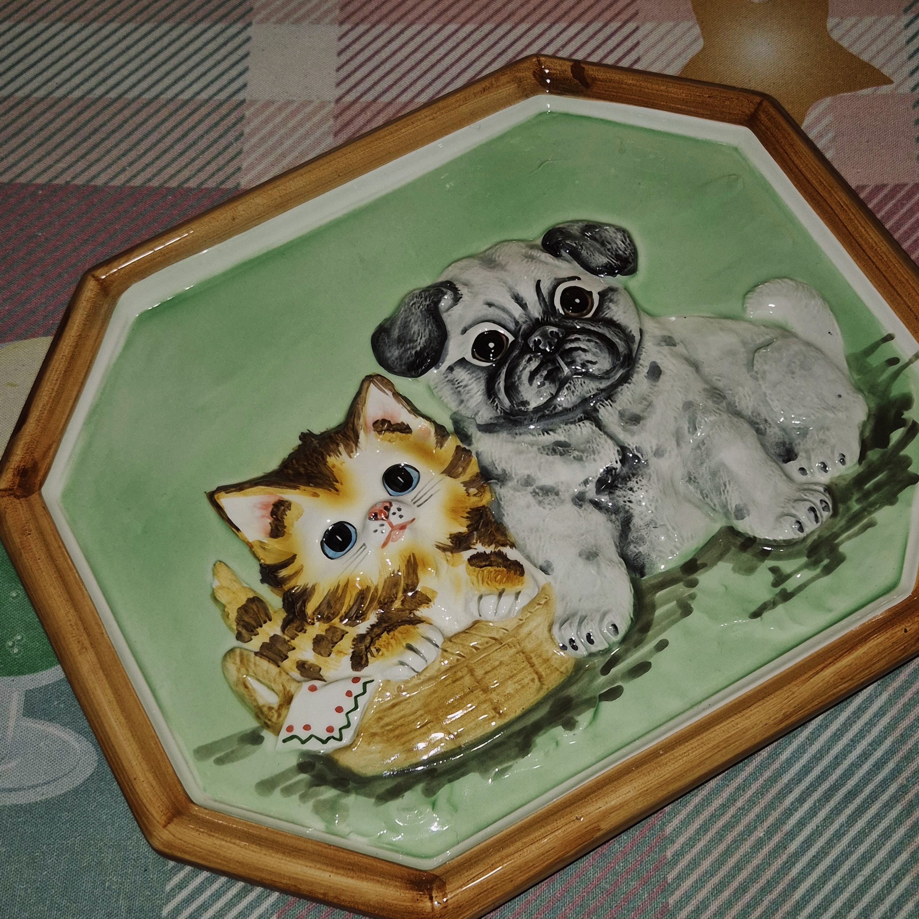 70s 카토 고양이&강아지 포셀린 벽걸이 3D 액자