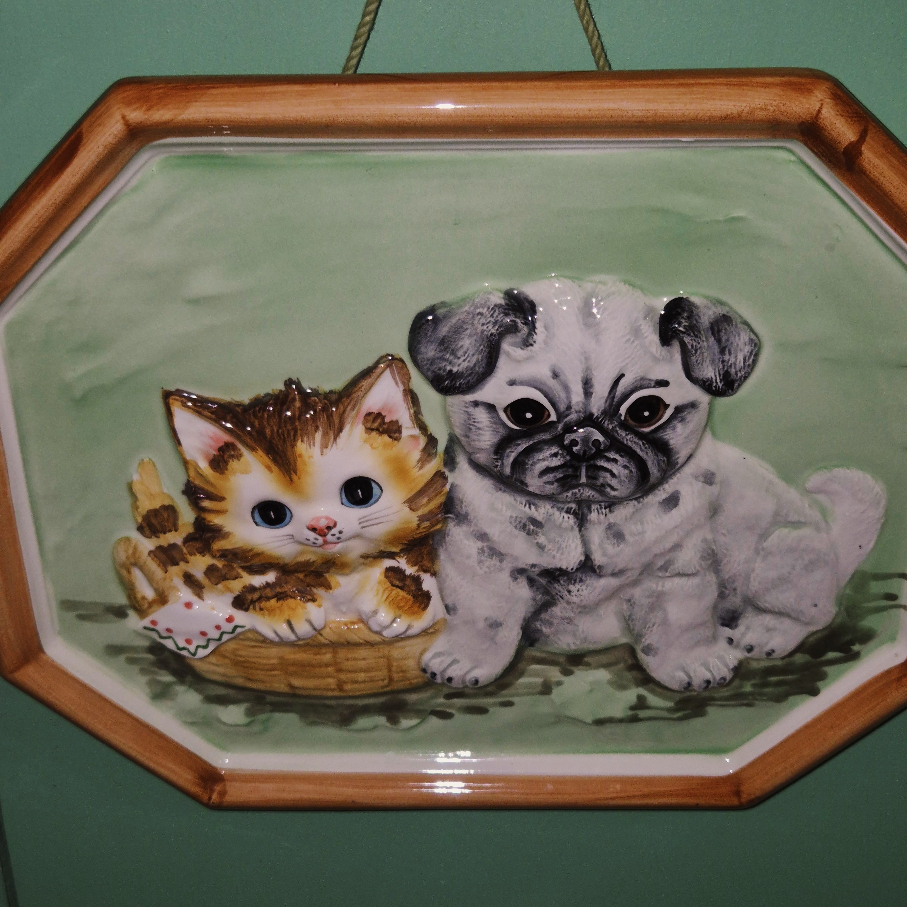 70s 카토 고양이&강아지 포셀린 벽걸이 3D 액자