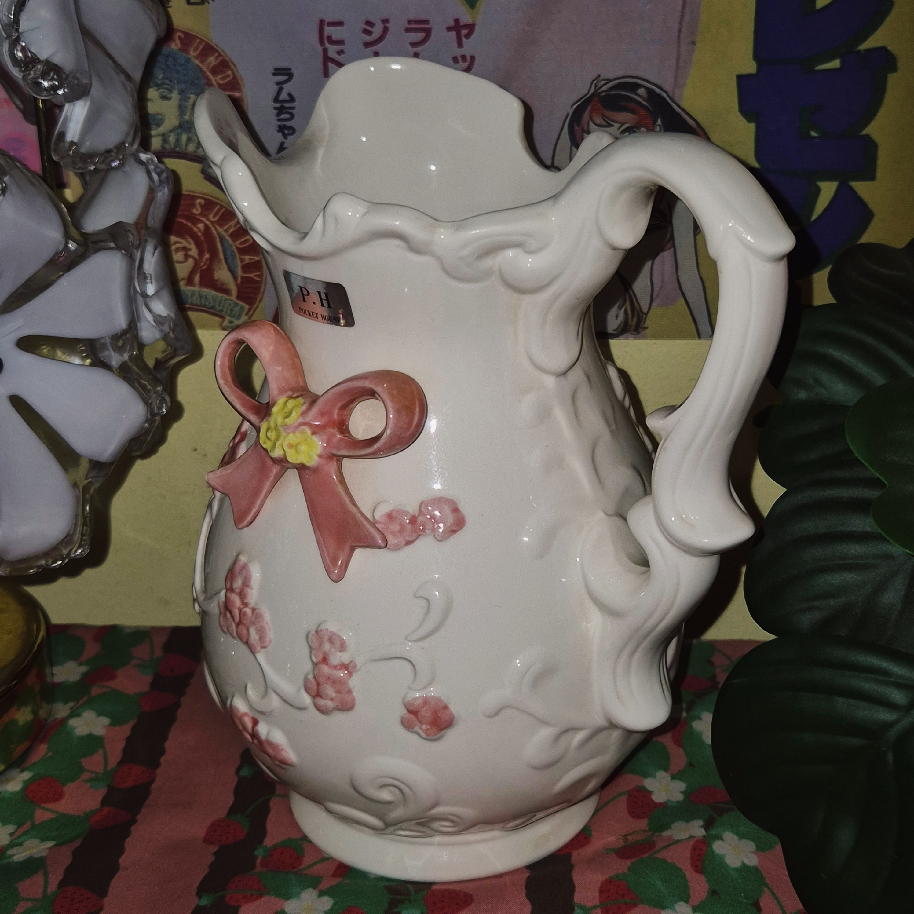 70s 포셀린 리본 꽃포지 저그 도자기 화병