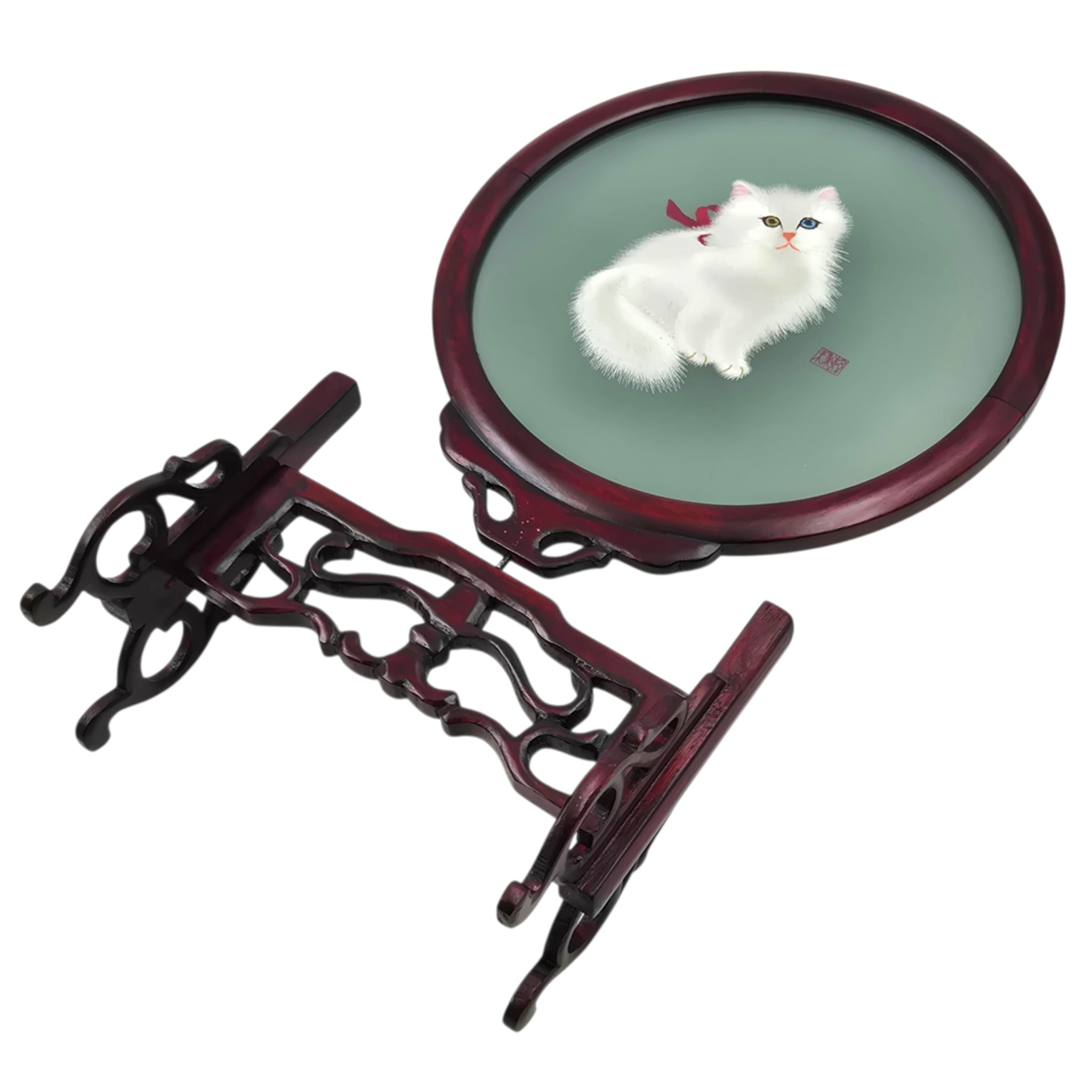 70s 쑤저우 전통 자수 옻칠 나무 고양이 돔 장식