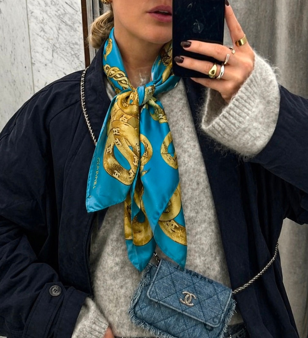 vintage CHANEL turquoise blue gold medal scarf