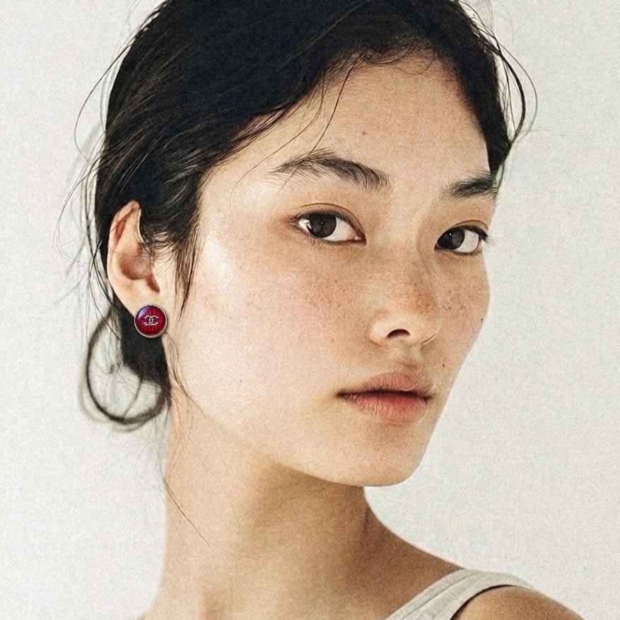 red tweed cc glass dome earring