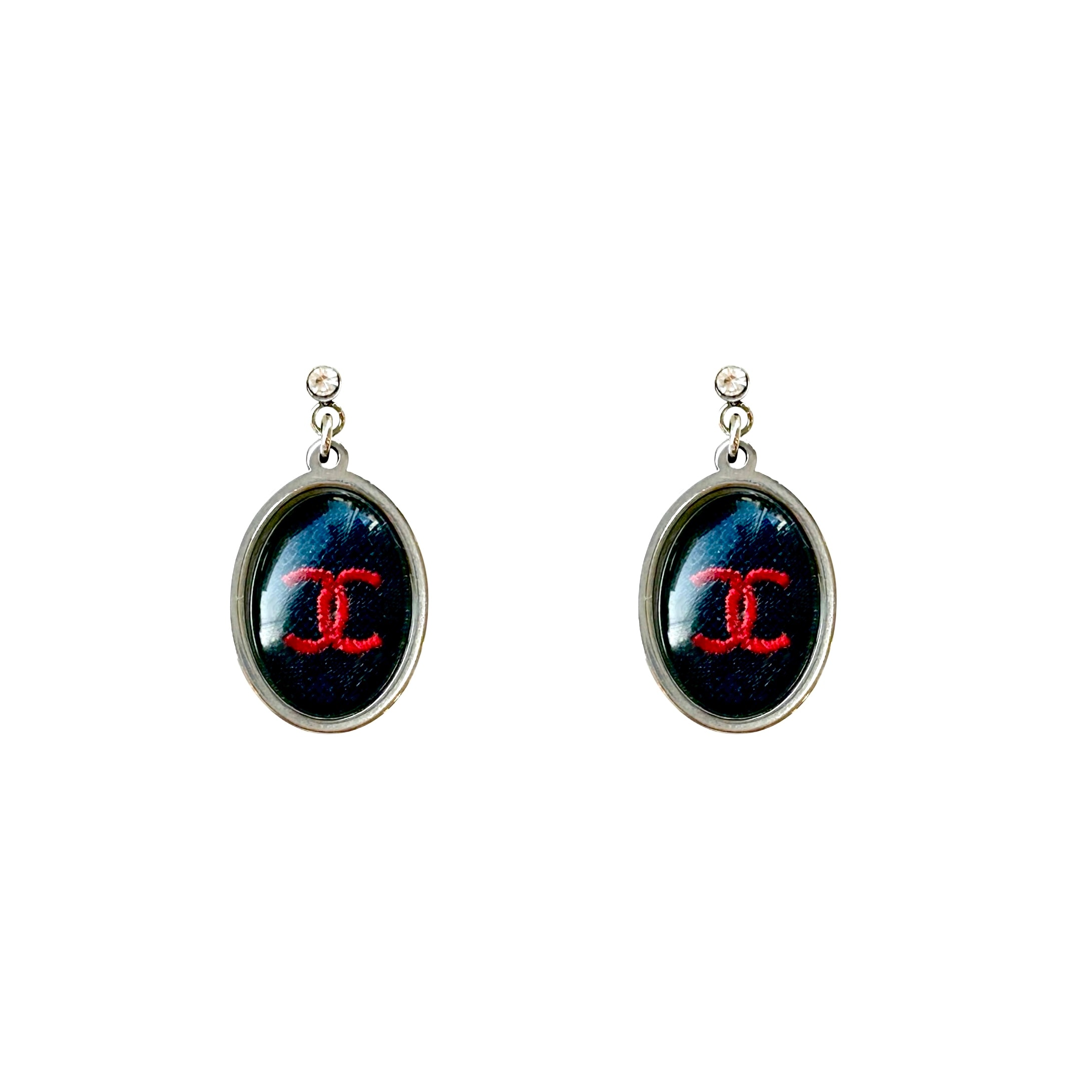Denim red cc oval glass dome earring