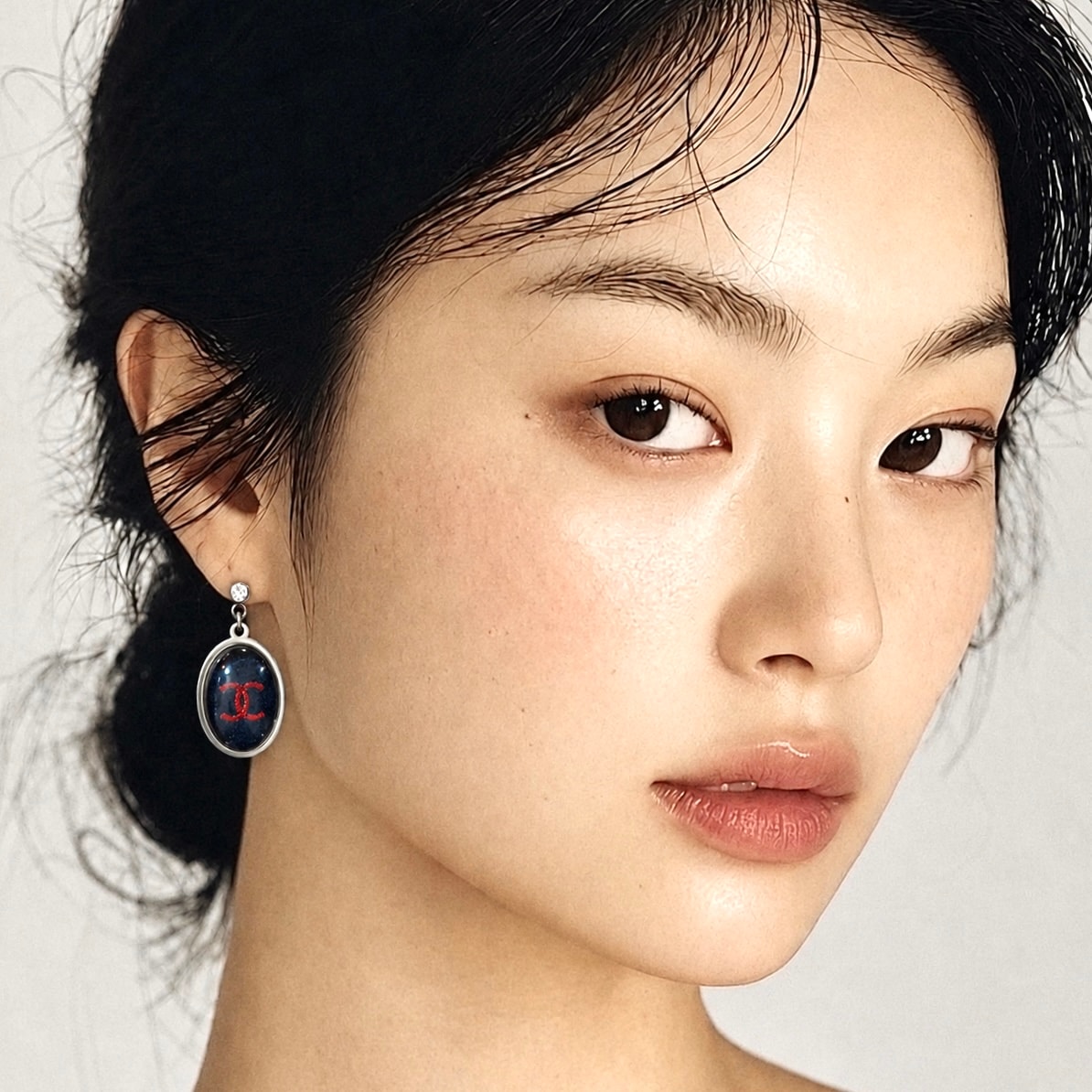 Denim red cc oval glass dome earring