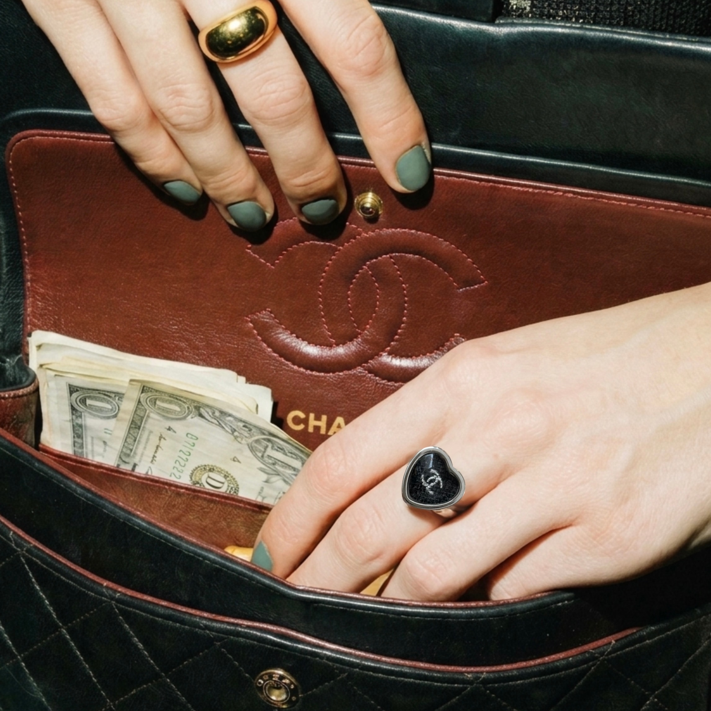 black tweed love heart ring