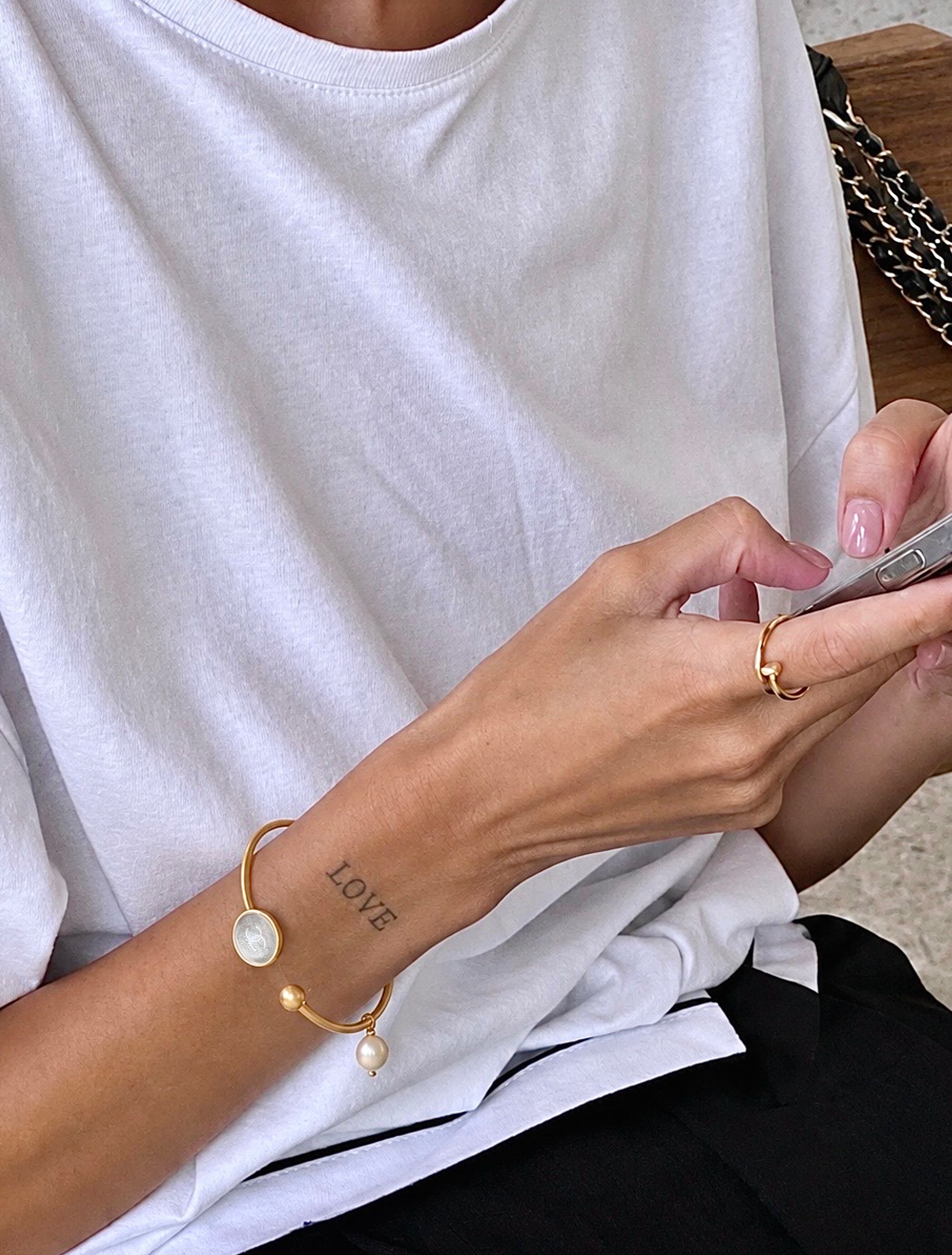 gold ball & silver cc pearl drop bangle