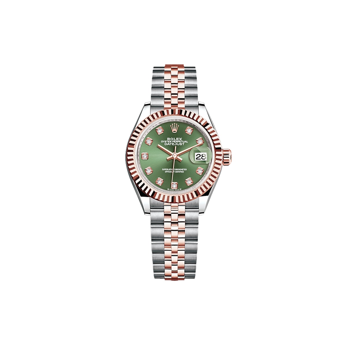 Rolex® Lady-Datejust 28 (28mm | 올리브 그린 다이얼 | 다이아몬드 세팅 인덱스 | 플루쥬빌)
