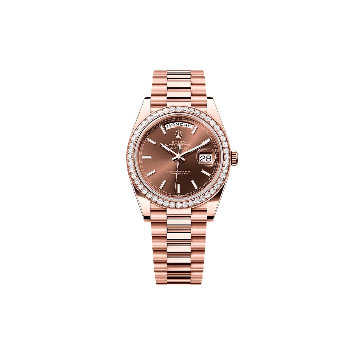 Rolex® Day-Date 40 (40mm | 초콜릿 다이얼 | 다이아몬드 세팅 인덱스 | 프레지던트 브레이슬릿)