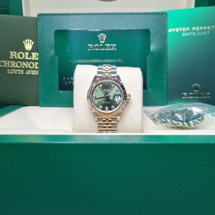 Rolex® Lady-Datejust 28 (28mm | 올리브 그린 다이얼 | 다이아몬드 세팅 인덱스 | 플루쥬빌)