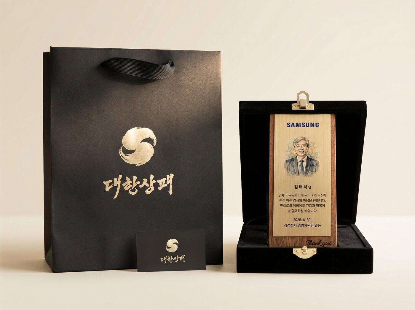 대한상패 프리미엄 패키지 — 전용 쇼핑백과 벨벳 케이스에 담긴 원목 감사패