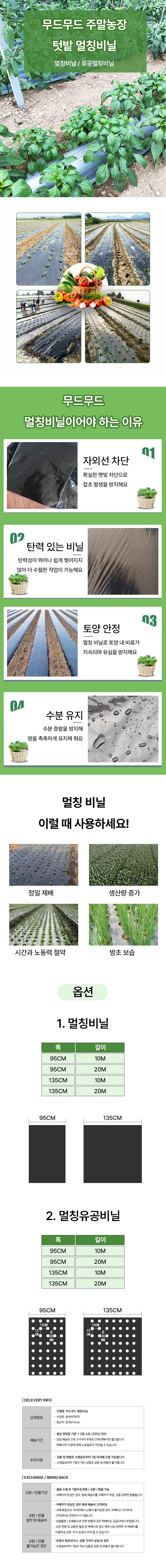 주말농장 텃밭 고랑에 깔끔하게 깔린 유공 멀칭비닐의 모습. 일정한 간격으로 구멍이 뚫려 있어 모종을 심기 편리한 구조와 잡초가 자라지 못하도록 빛을 차단하는 검은색 비닐의 재질감이 강조된 야외 연출 이미지.