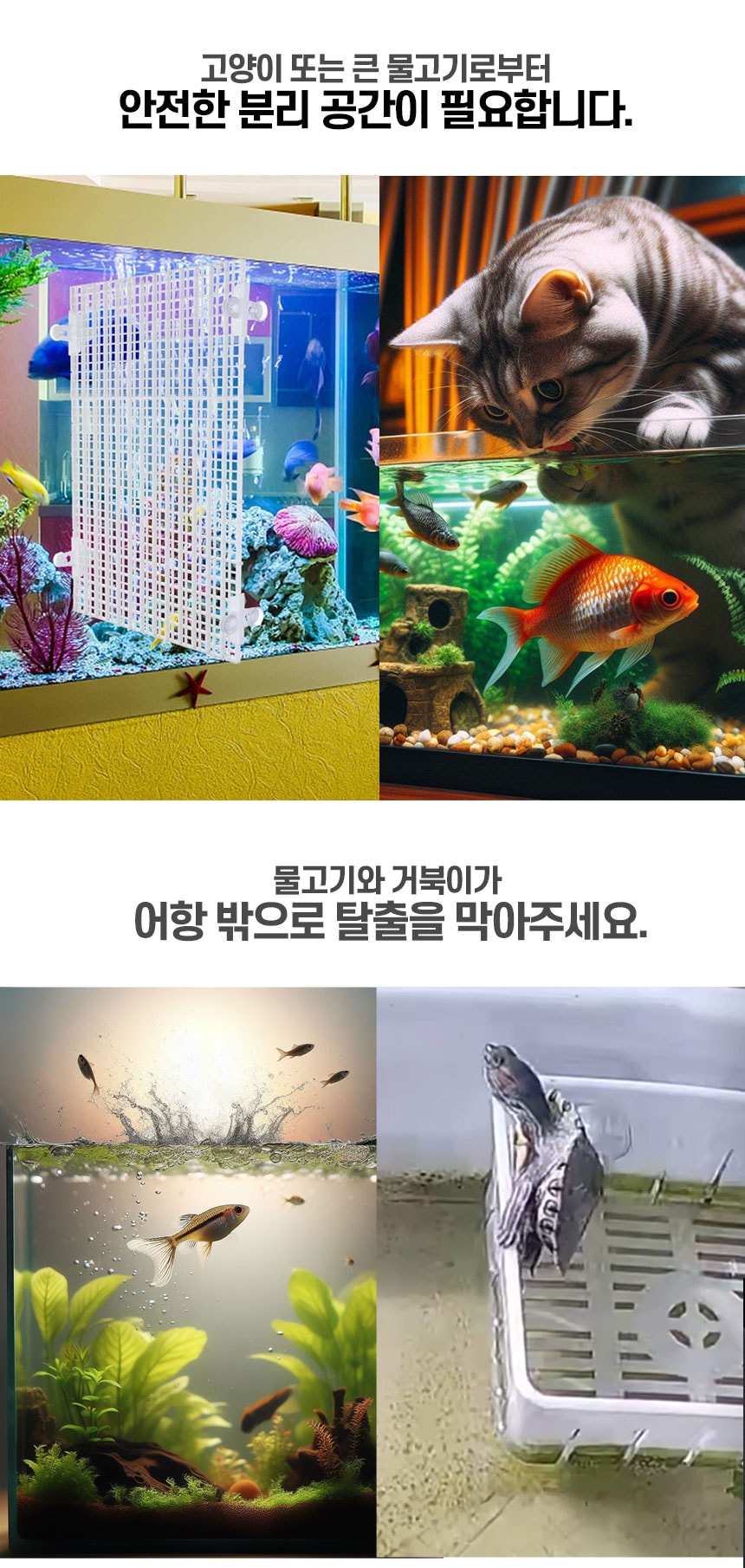 어항 내부를 깔끔하게 나누어 물고기를 격리한 분리판의 모습. 격자무늬 사이로 물 순환이 원활하게 이루어지는 모습과 흡착판(큐압착)을 이용해 수조 벽면에 튼튼하게 고정된 상세 이미지.