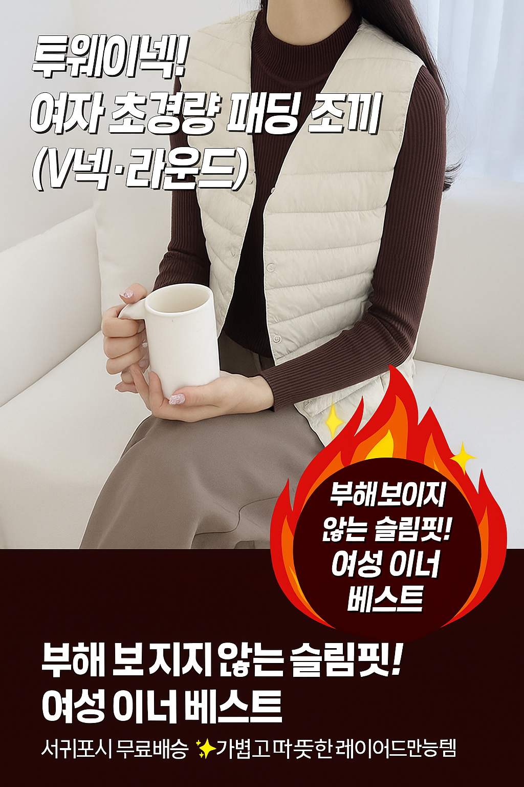 [행사날] 라운드+V넥 2way! 여성 투웨이넥 초경량 패딩 조끼 슬림핏 이너