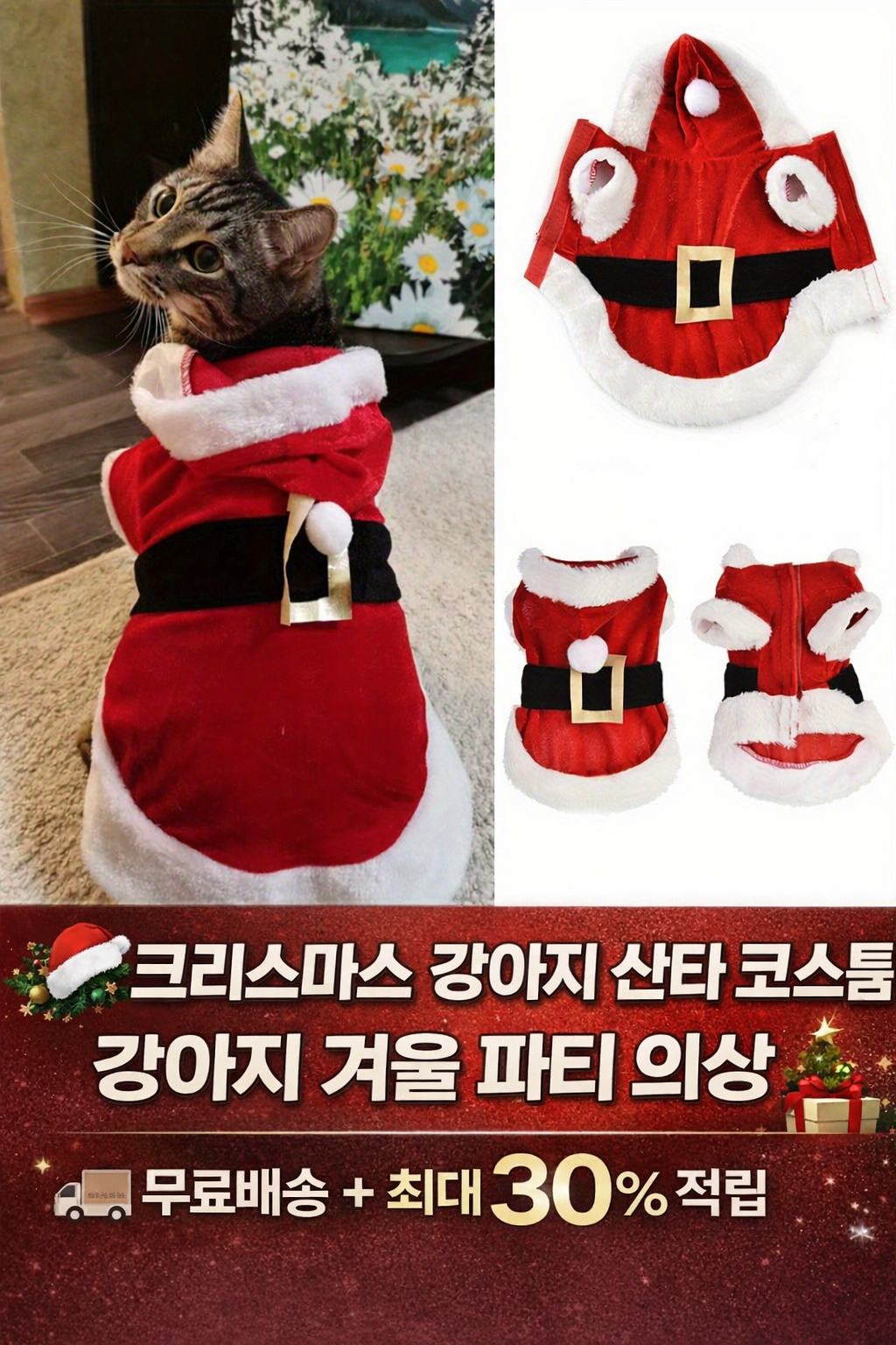 반려견 겨울옷 코디 파티 의상 강아지 산타 망토 세트 (오전 11시 마감 당일출고)
