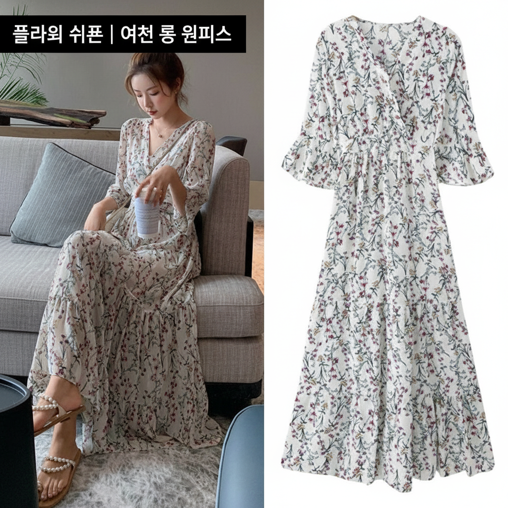 [당일발송] 여성 쉬폰 롱 플라워 원피스 여름 하객룩 꽃무늬 (20%포인트적립)
