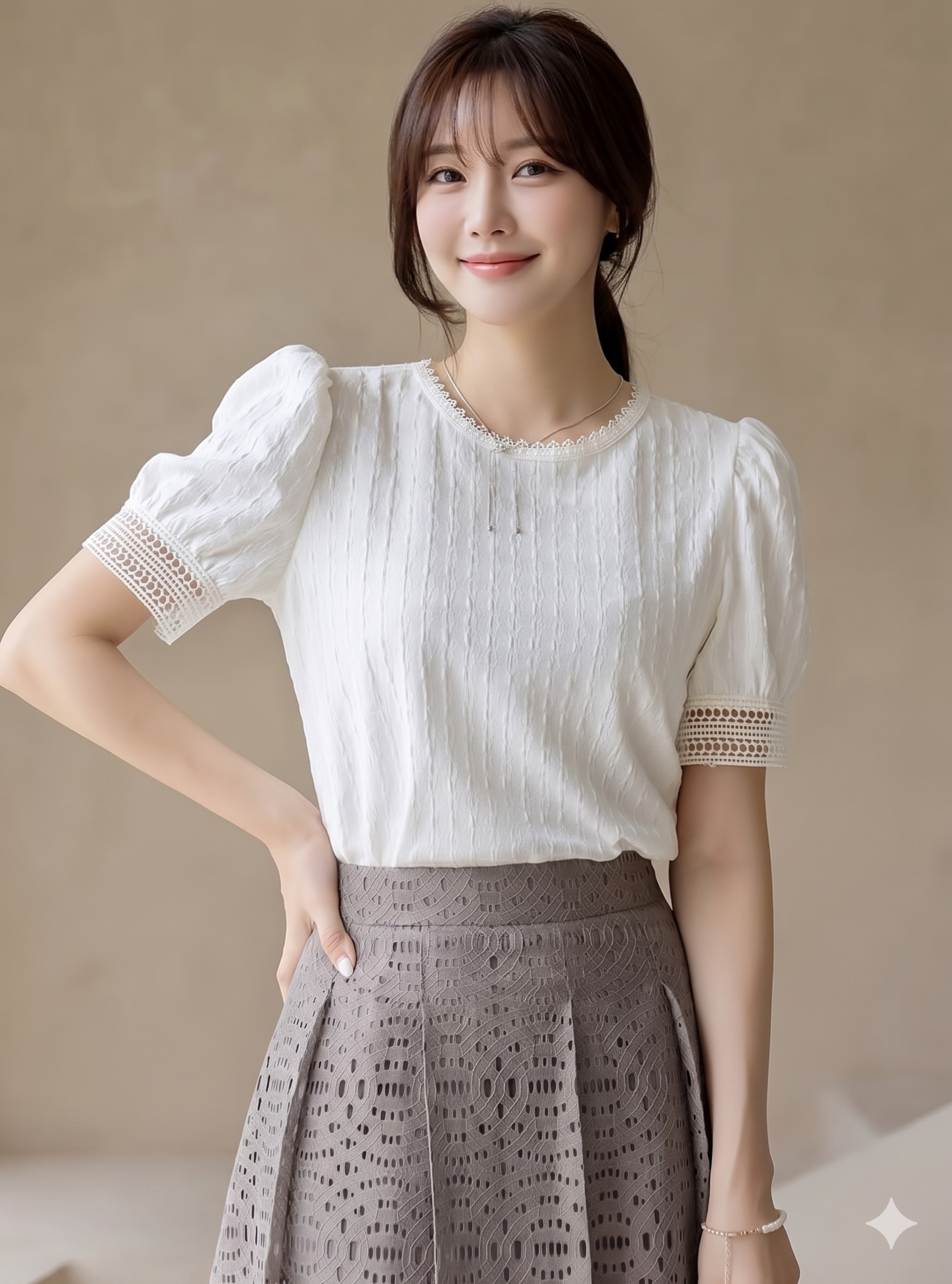 [하객룩/출근룩] 벨라 레이스 디테일 퍼프 반팔 블라우스