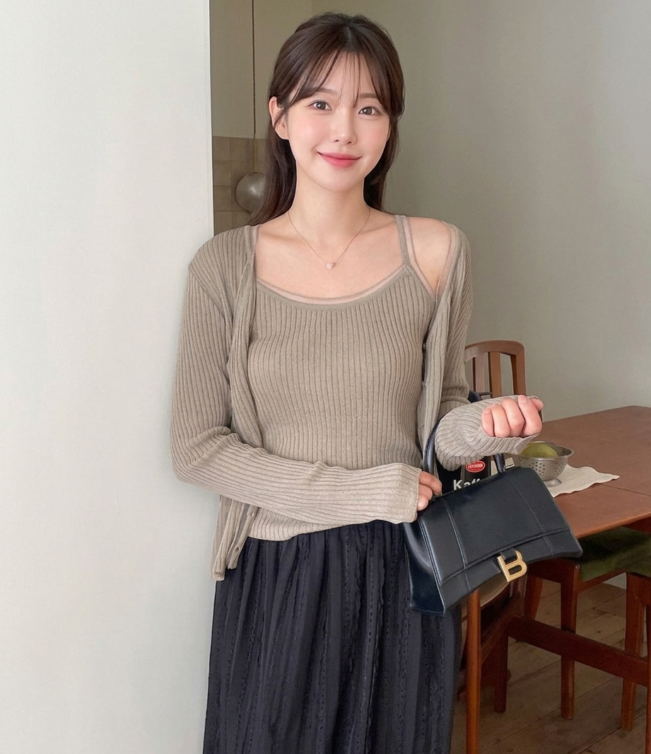 입는 순간 여리핏 린넨 골지 나시 가디건 세트