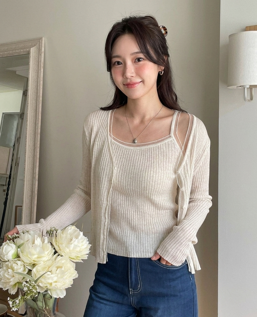 입는 순간 여리핏 린넨 골지 나시 가디건 세트