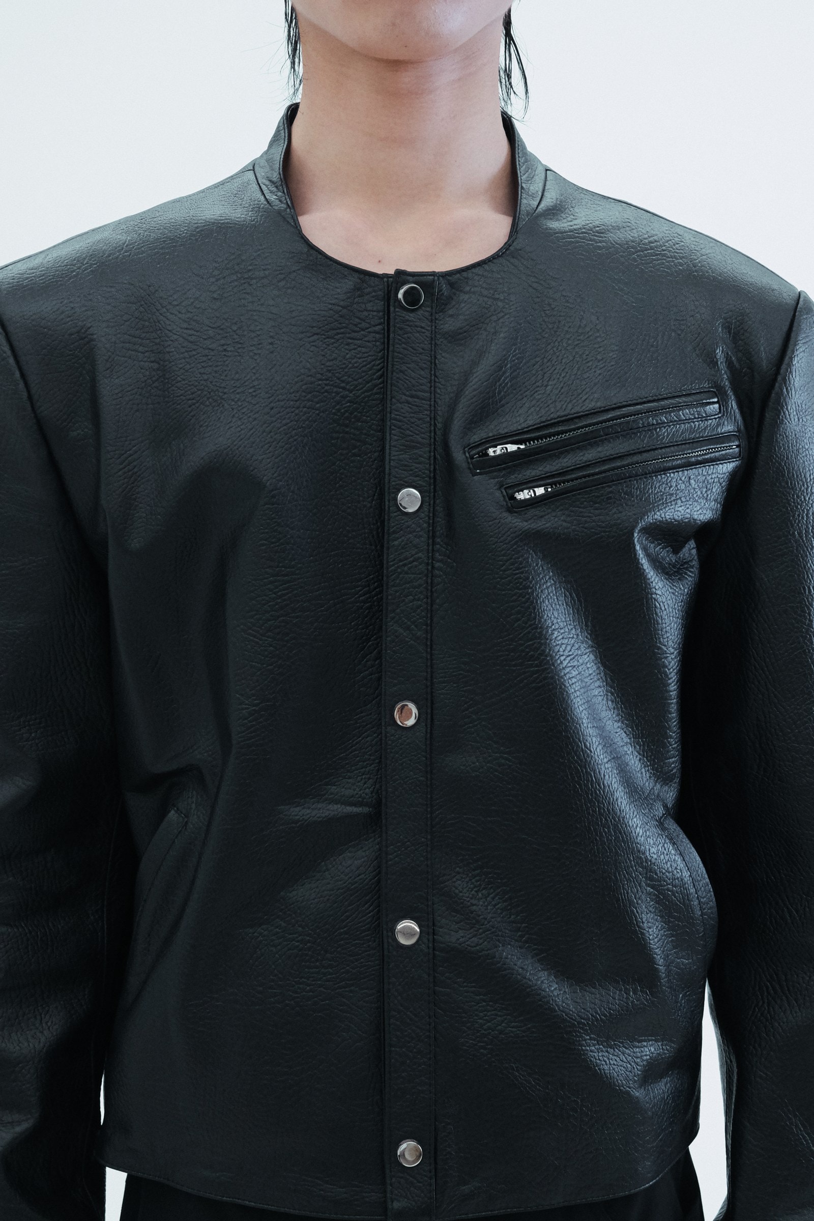 Leather Round Neck Trucker Jacket