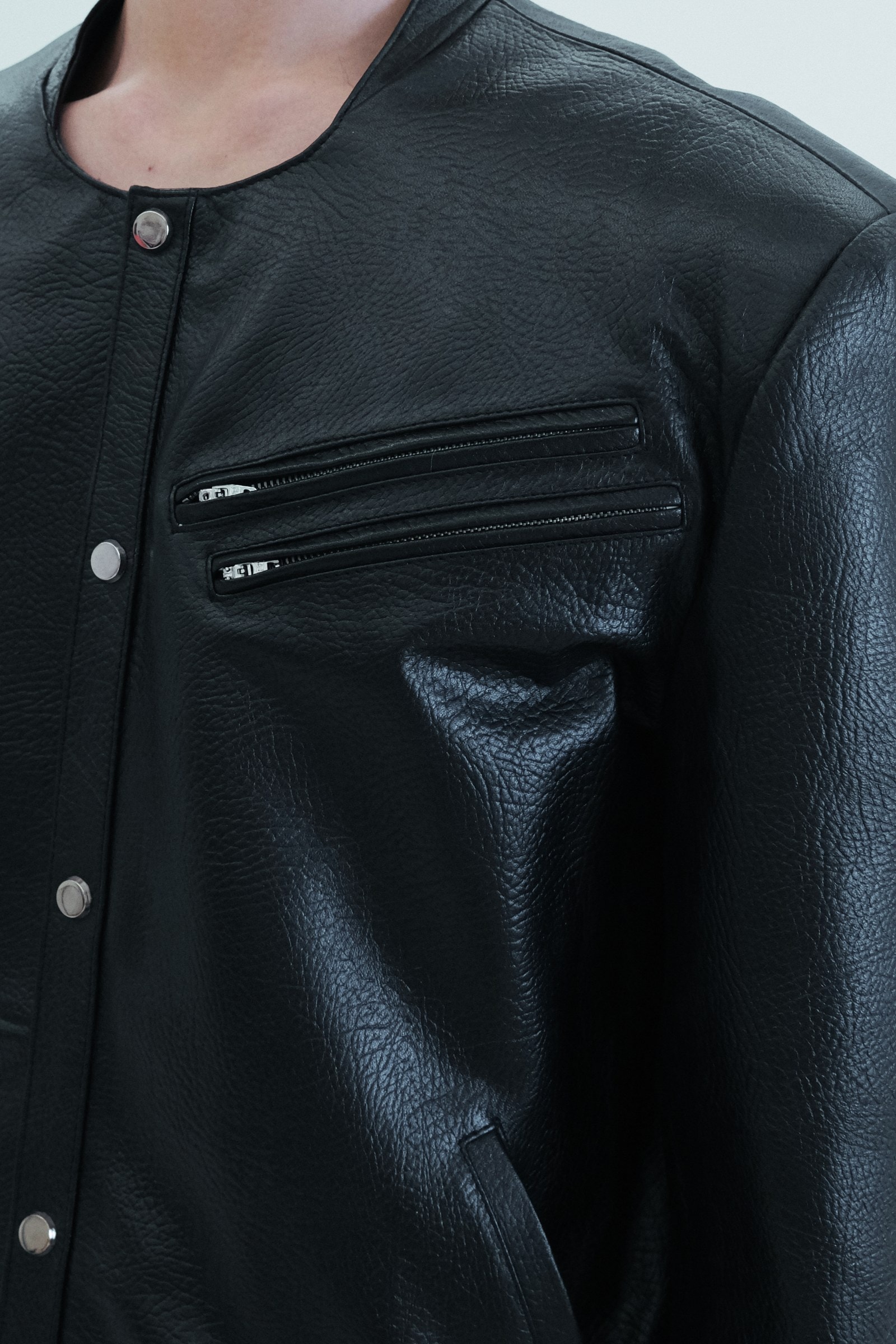 Leather Round Neck Trucker Jacket