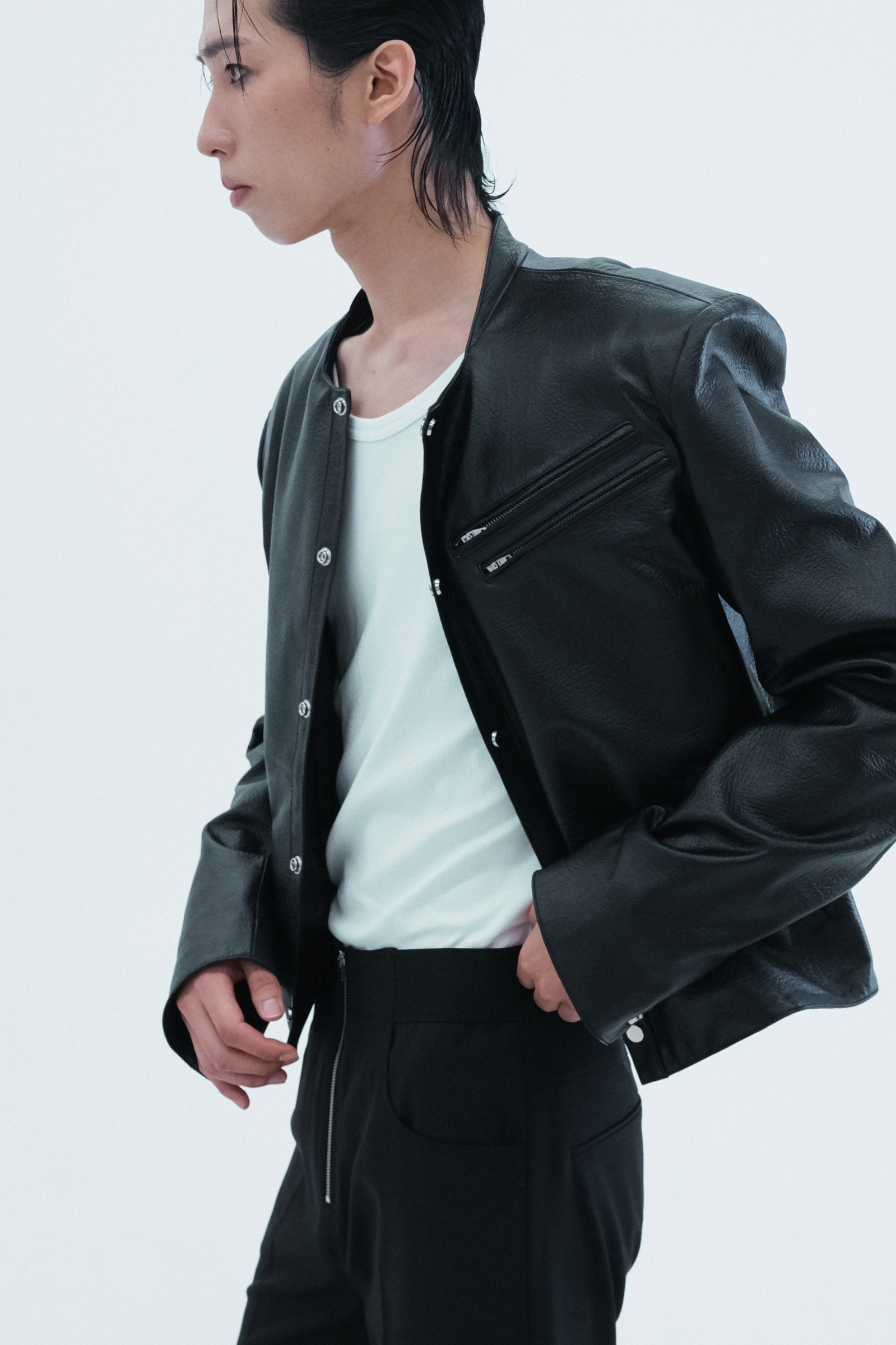 Leather Round Neck Trucker Jacket