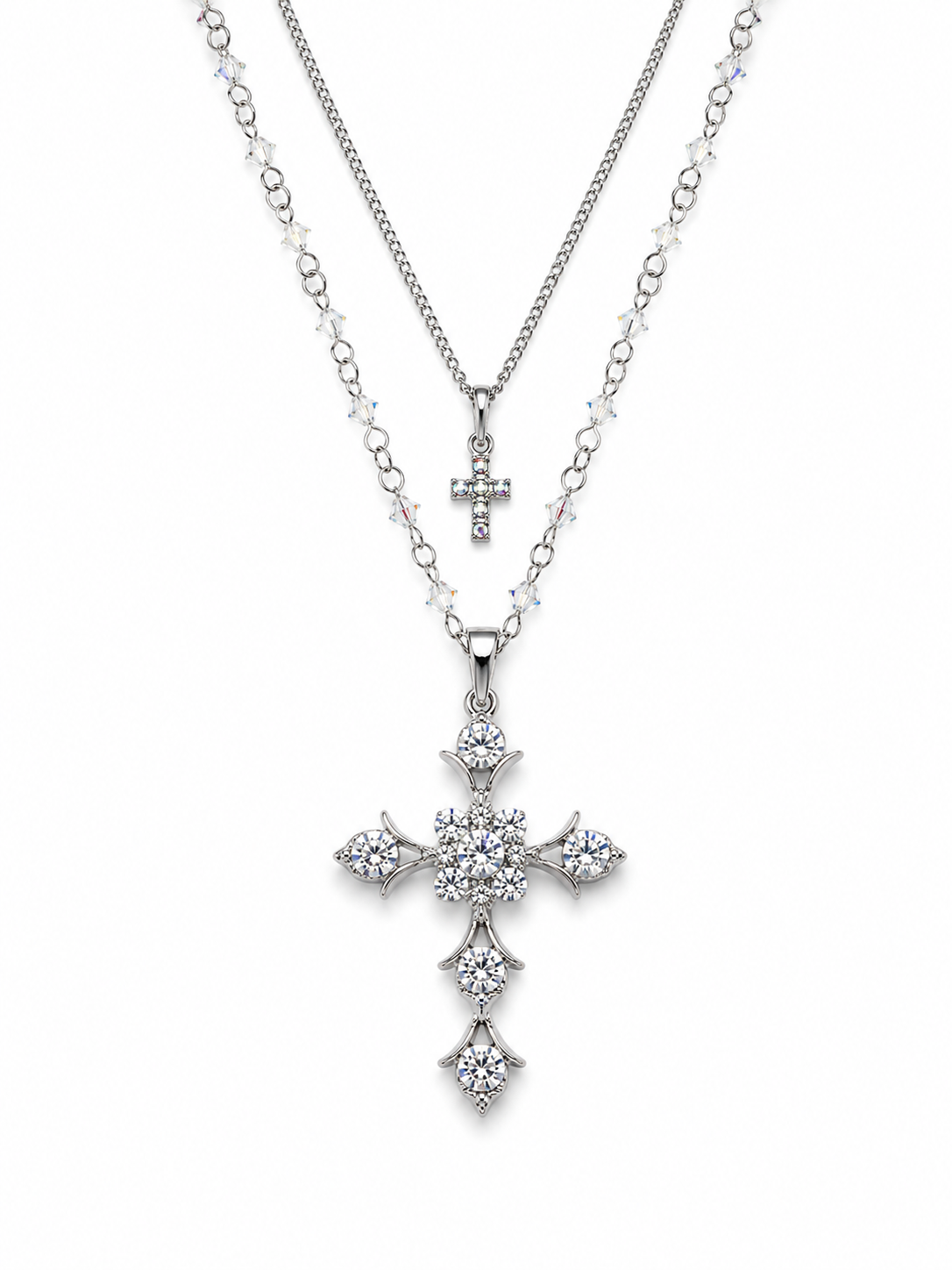 Crystal Antique layered cross necklace (white)