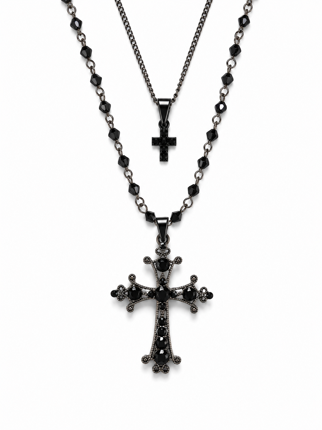 Crystal Antique layered cross necklace (black)