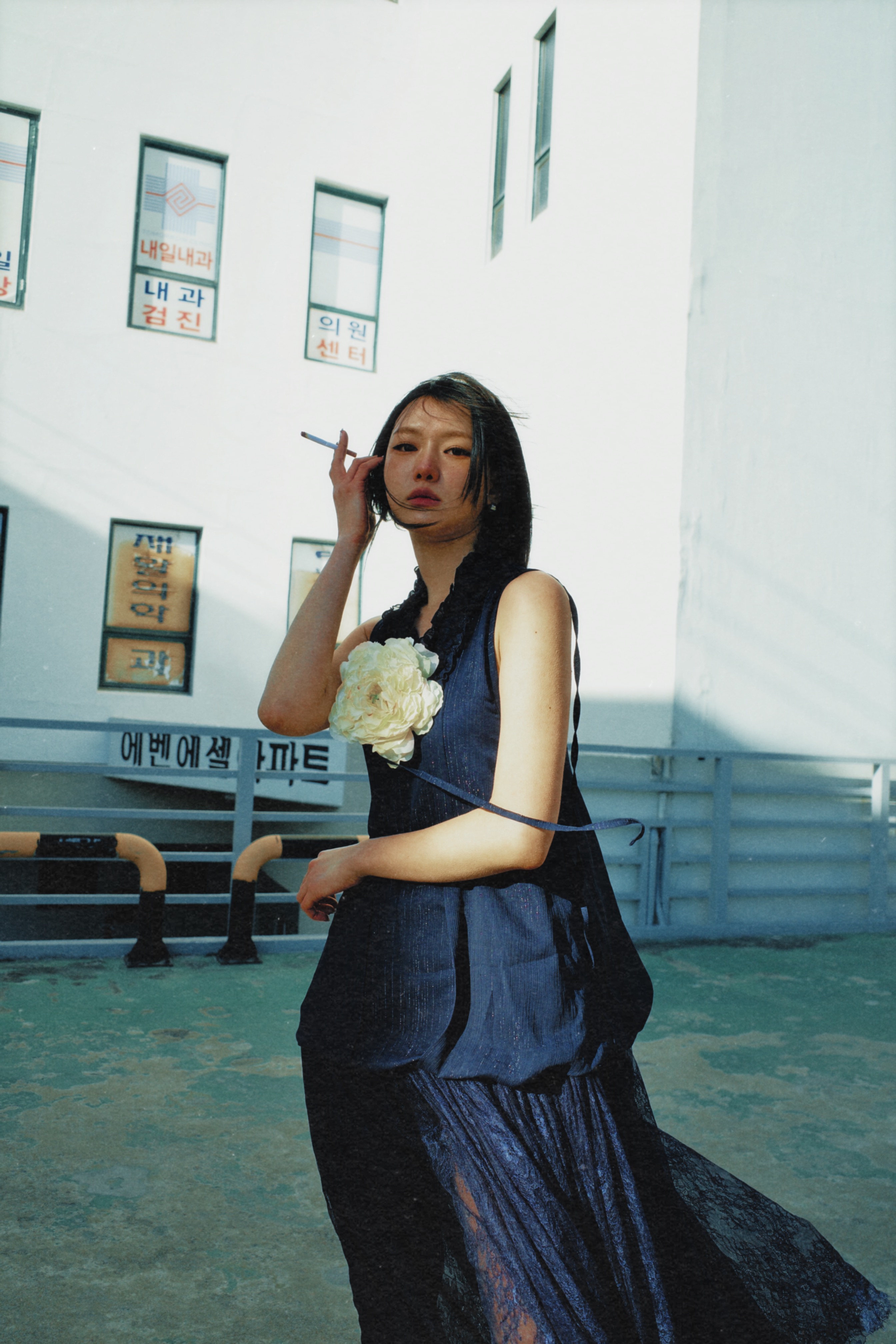 Midnight Lace Ruffle Dress with Yellow Peony Bloom (Only one)