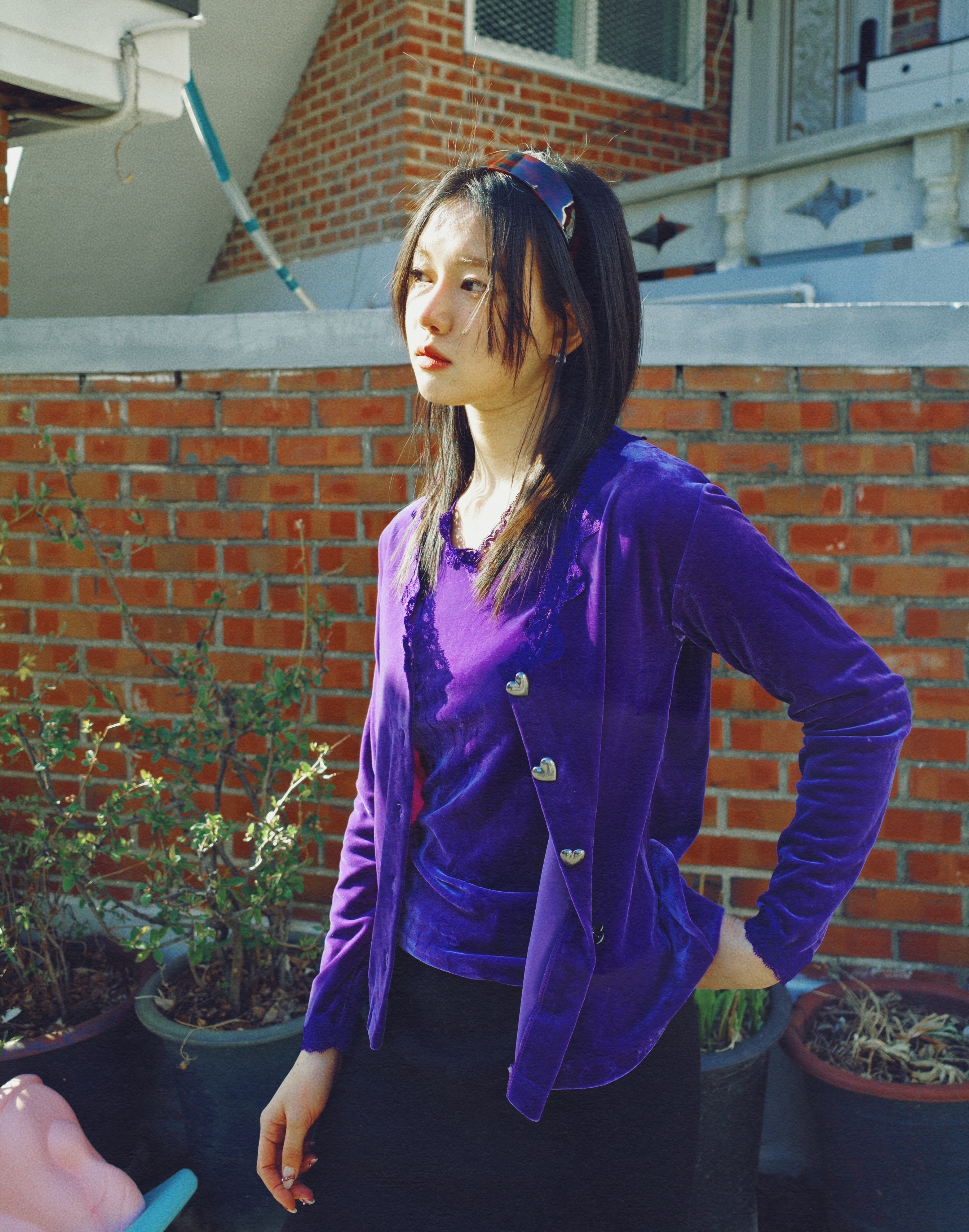 Violet Velvet Blouse and Cardigan set up with Chrome Heart Button Details (Only one)
