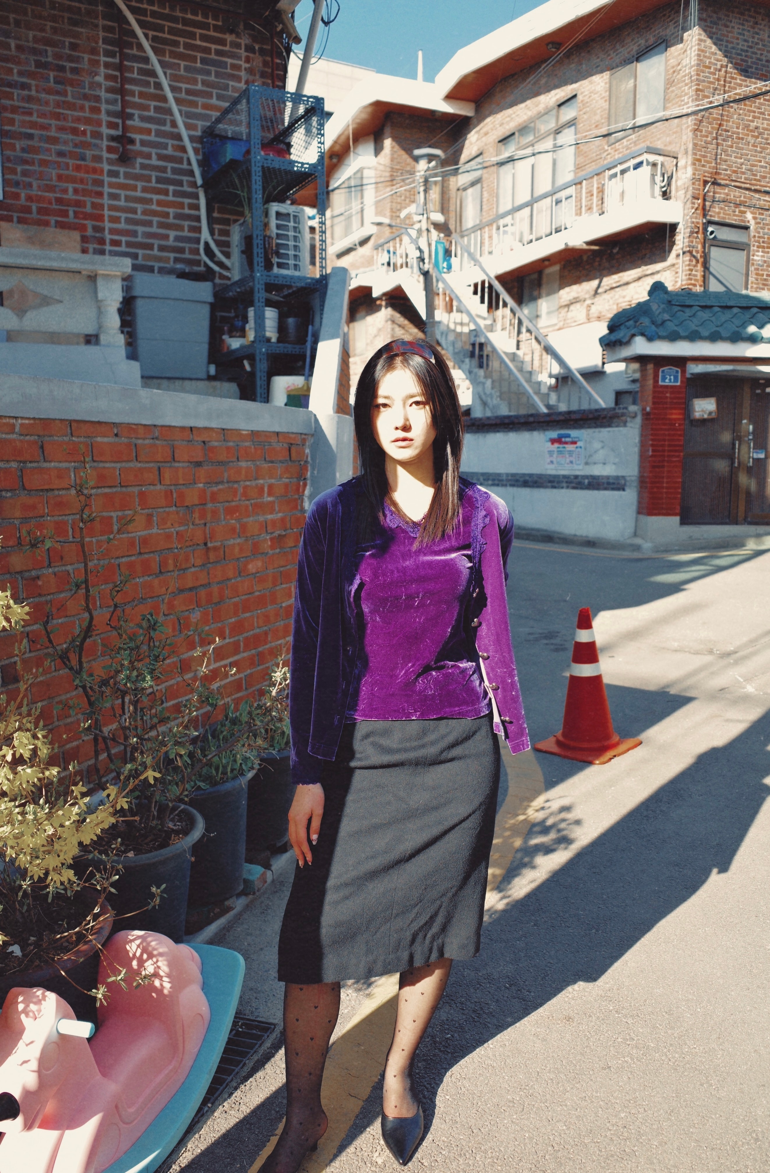 Violet Velvet Blouse and Cardigan set up with Chrome Heart Button Details (Only one)