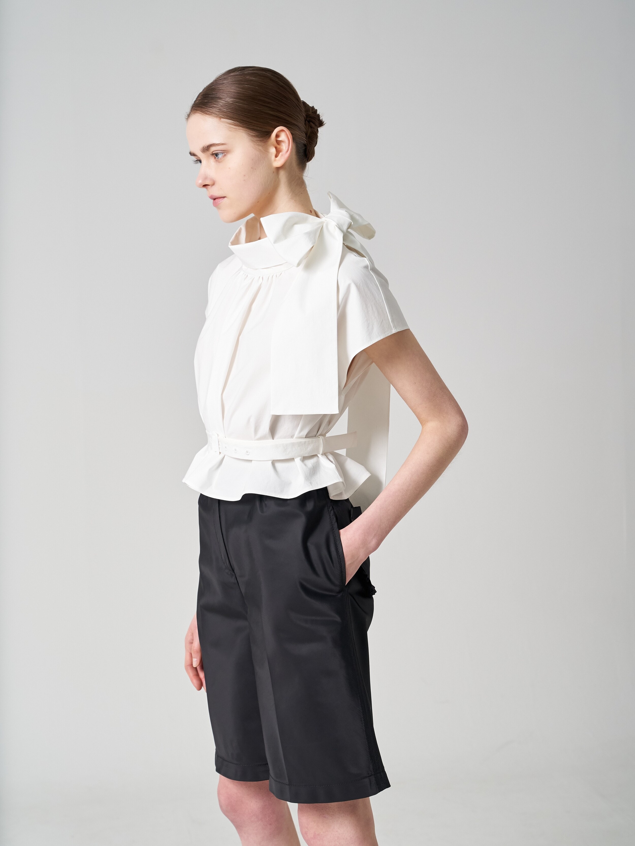 White poplin belted top