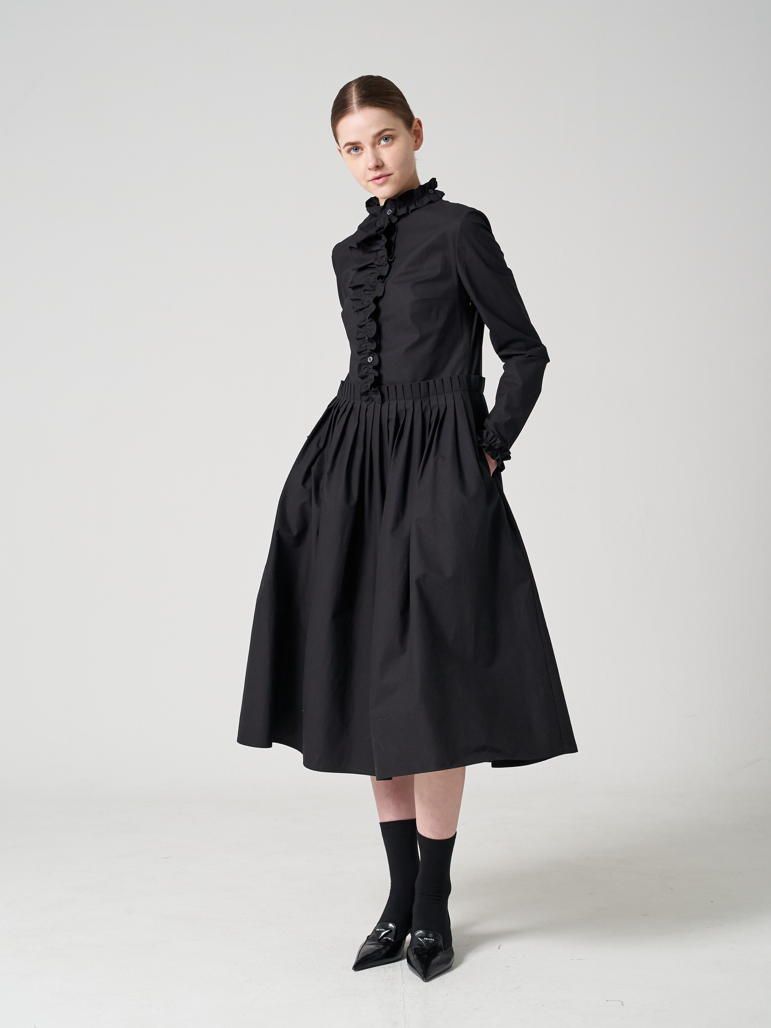 Poplin pleated ruffles dress