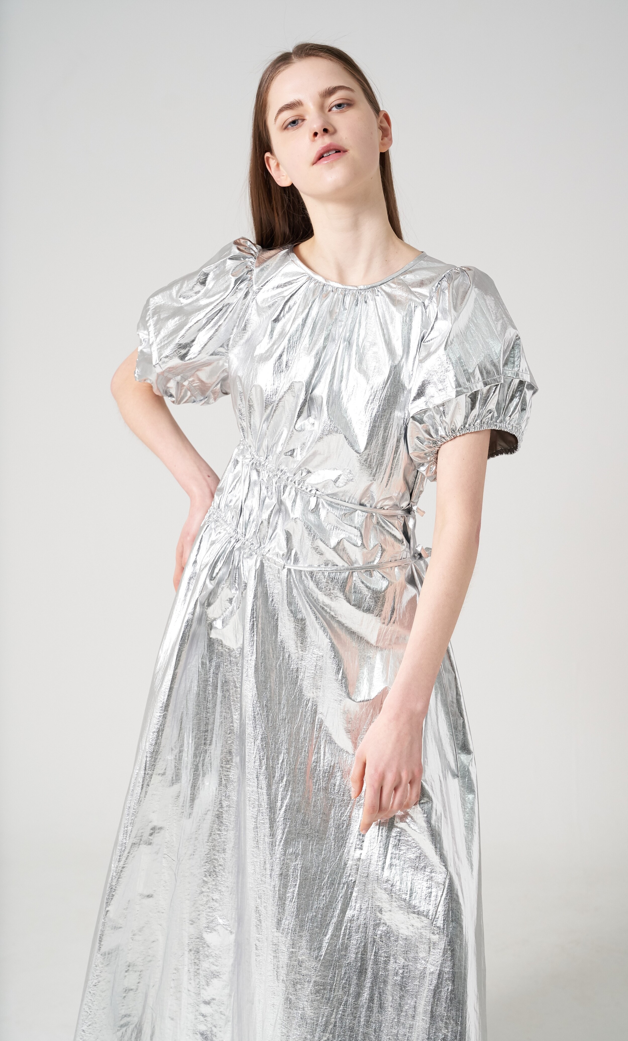Shirring silver dress