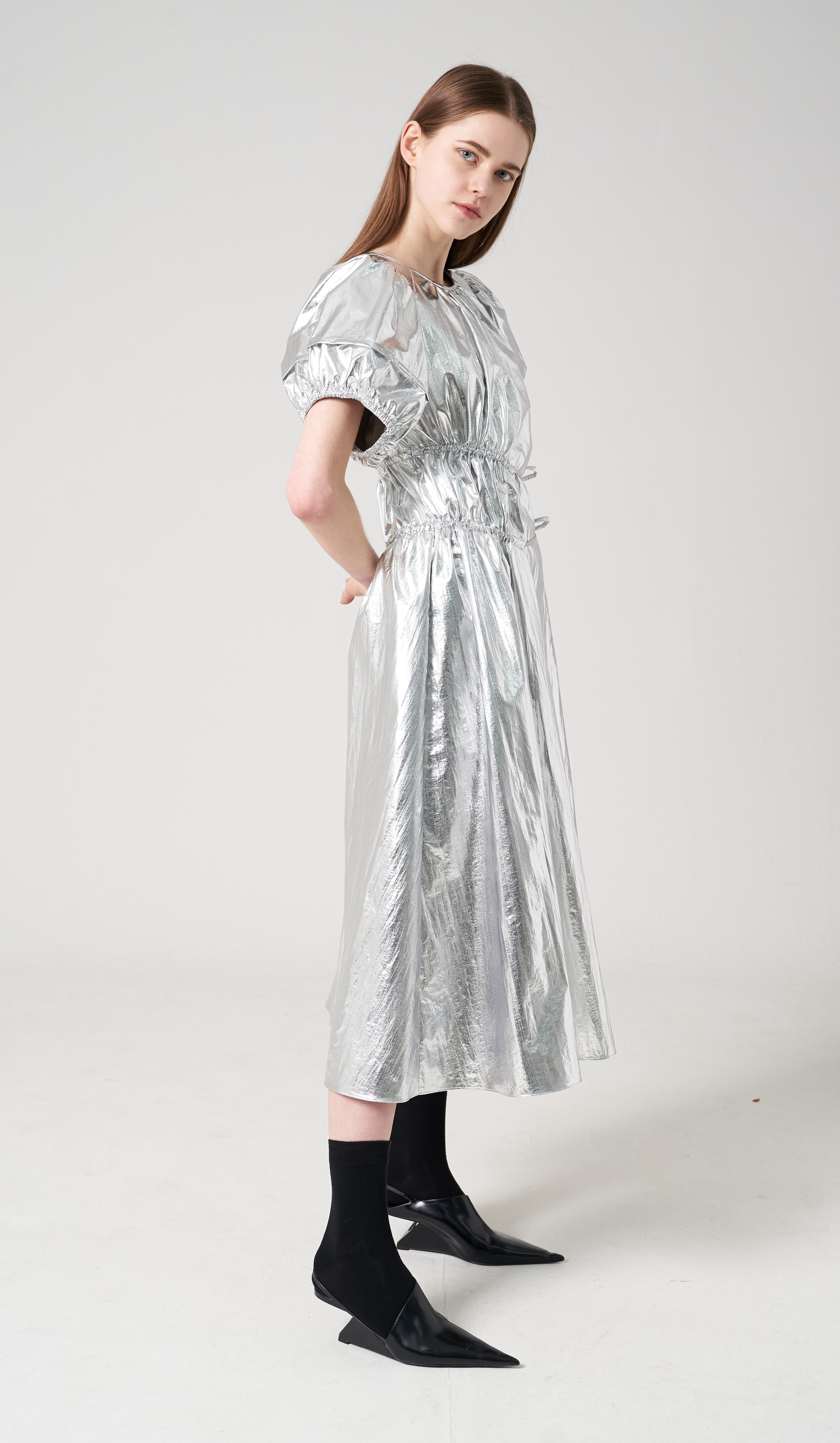 Shirring silver dress