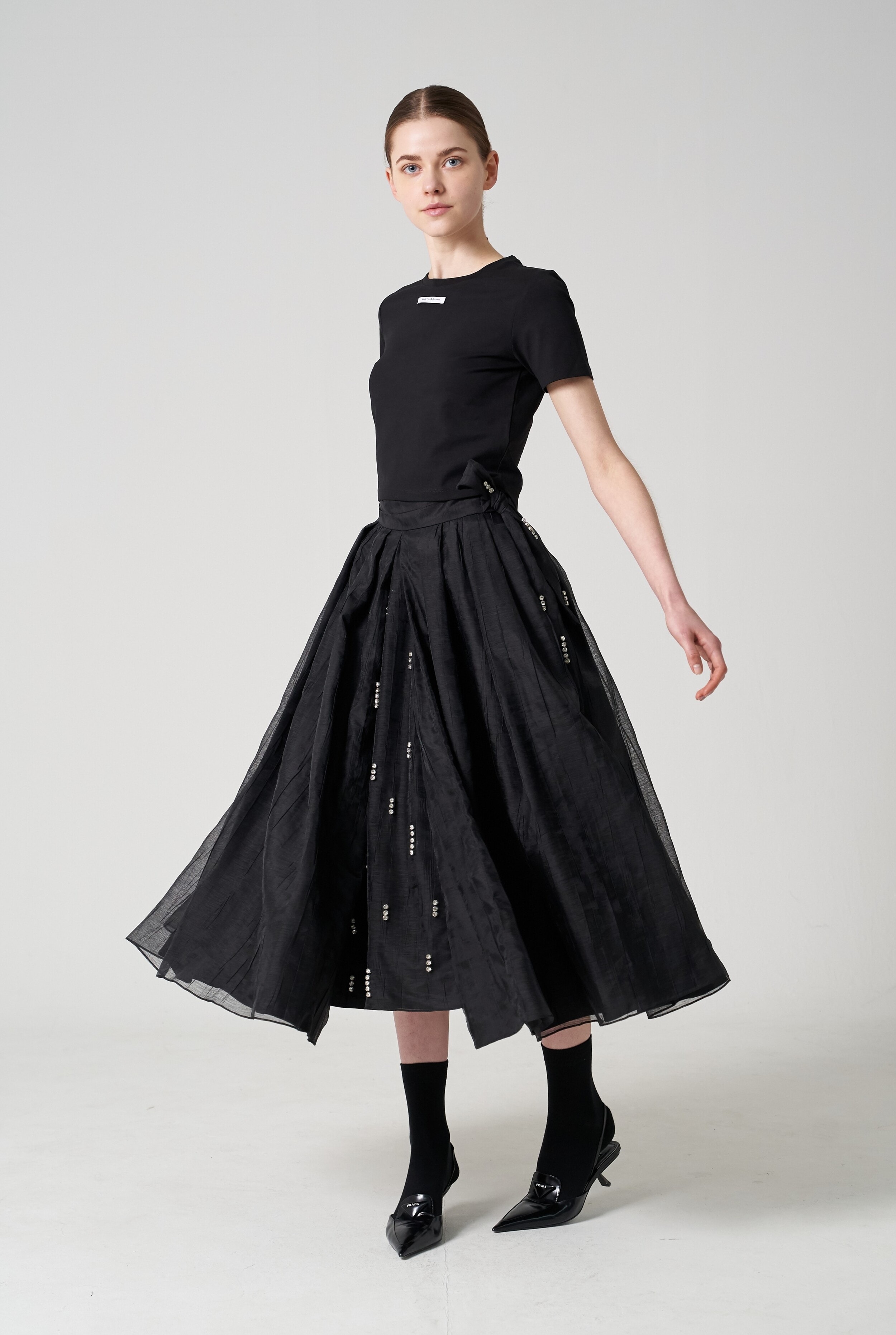 Embroidered organza full pleated midi-skirt