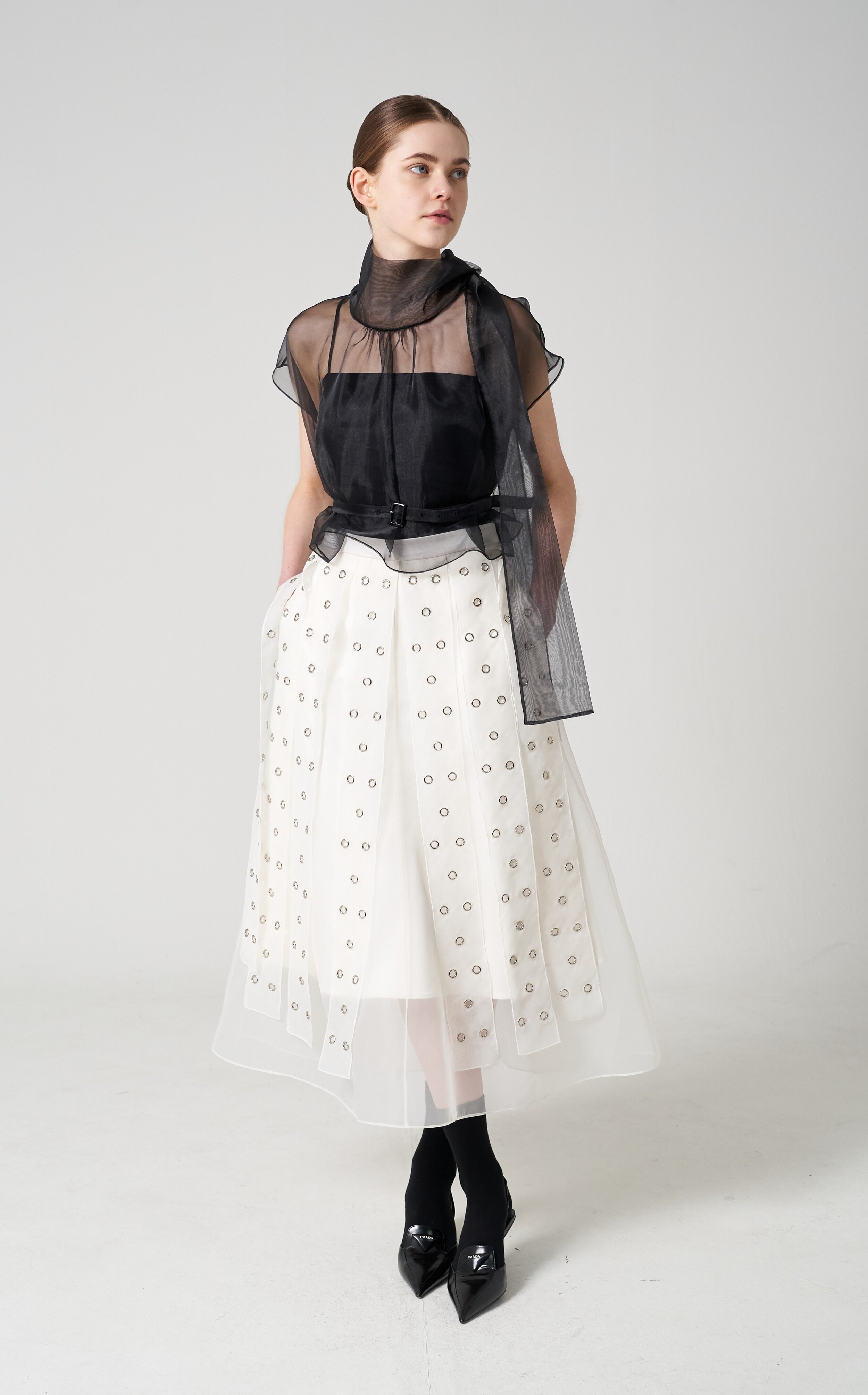 Embroidered organza midi-skirt