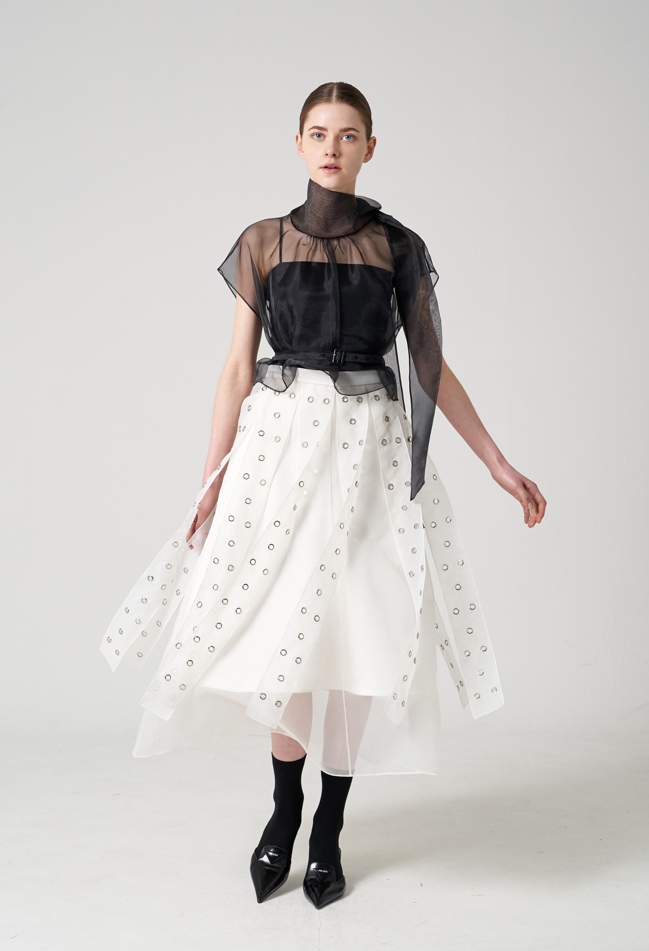Embroidered organza midi-skirt