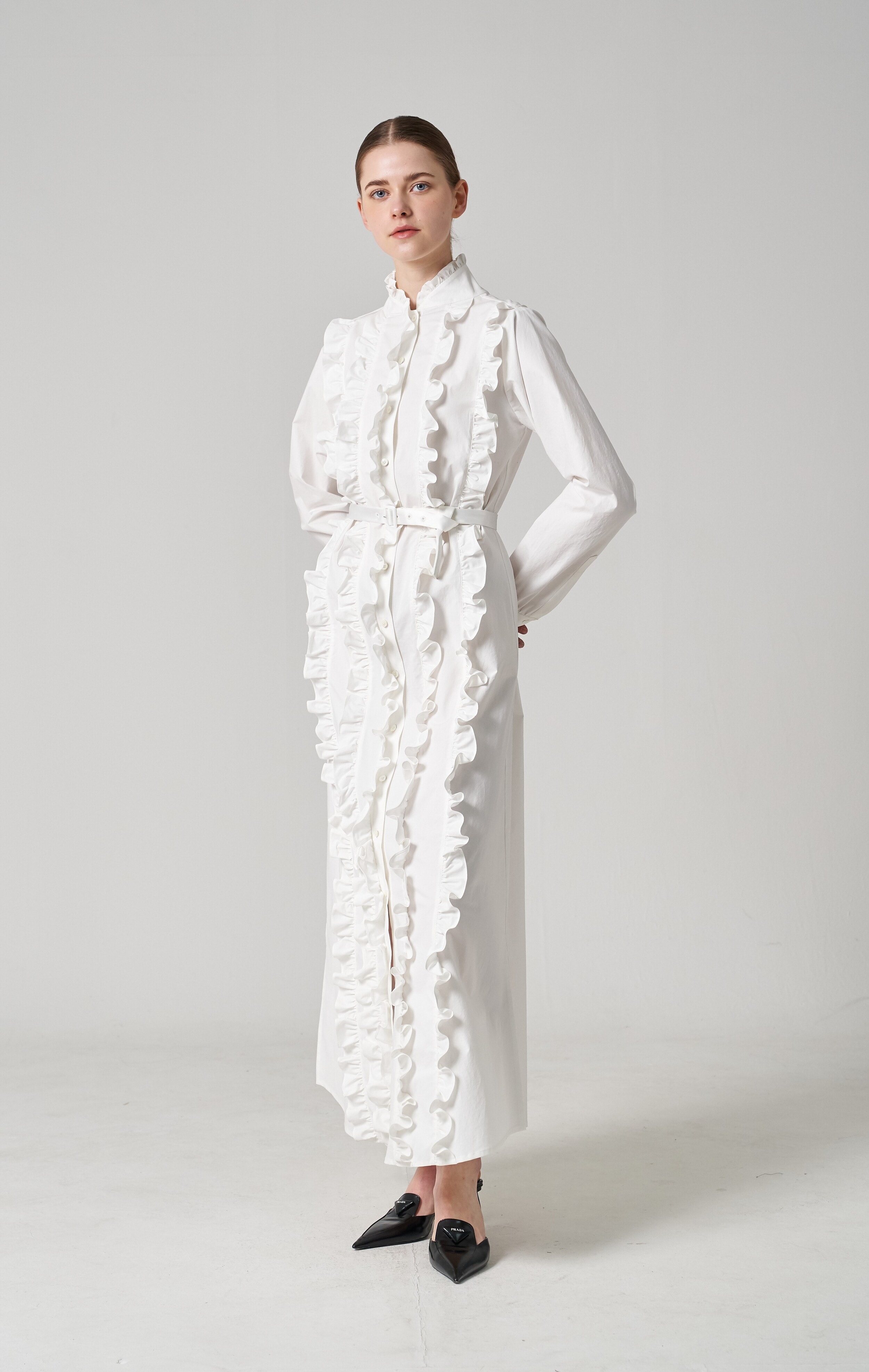Poplin frill long dress