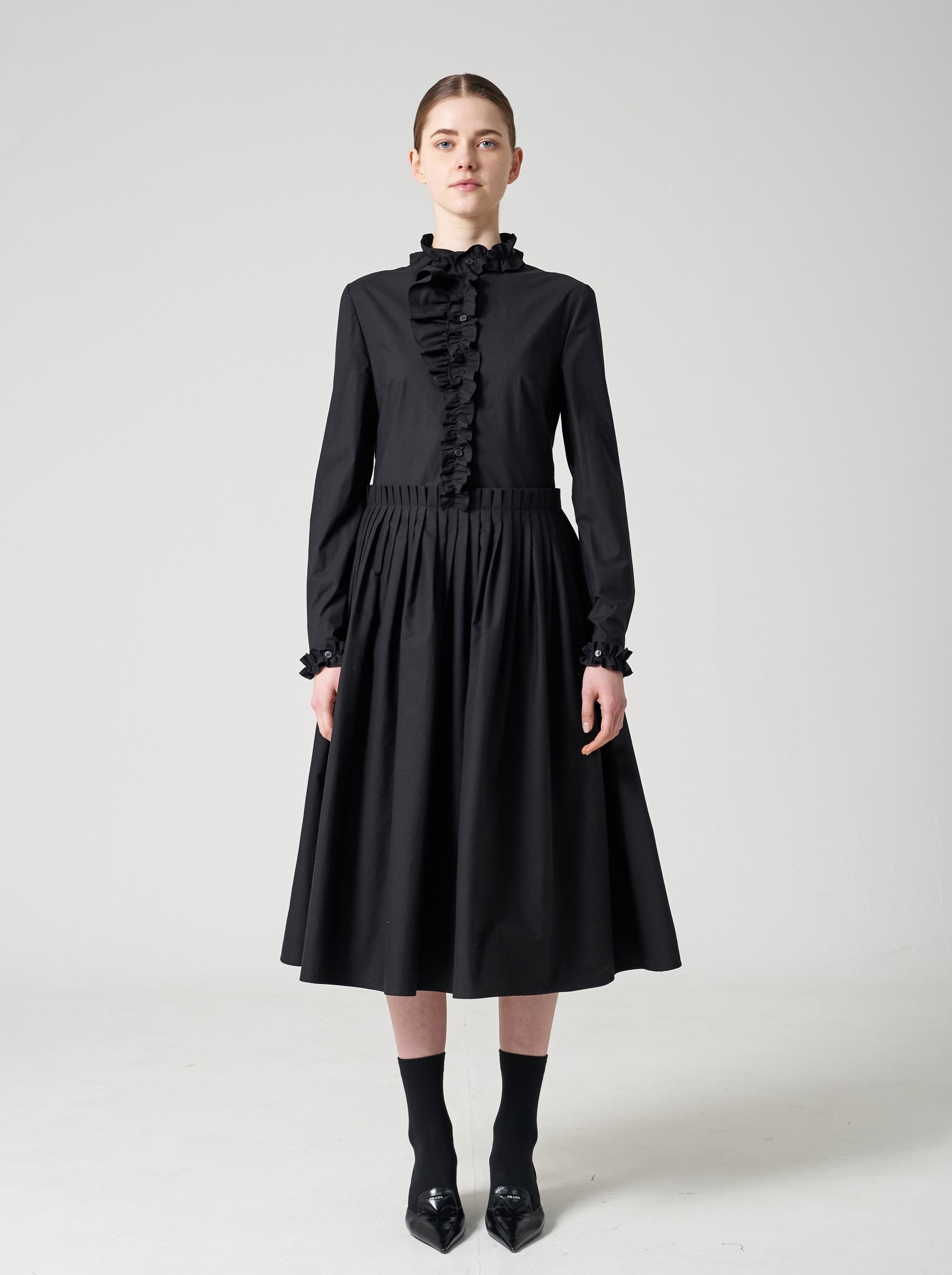 Poplin pleated ruffles dress