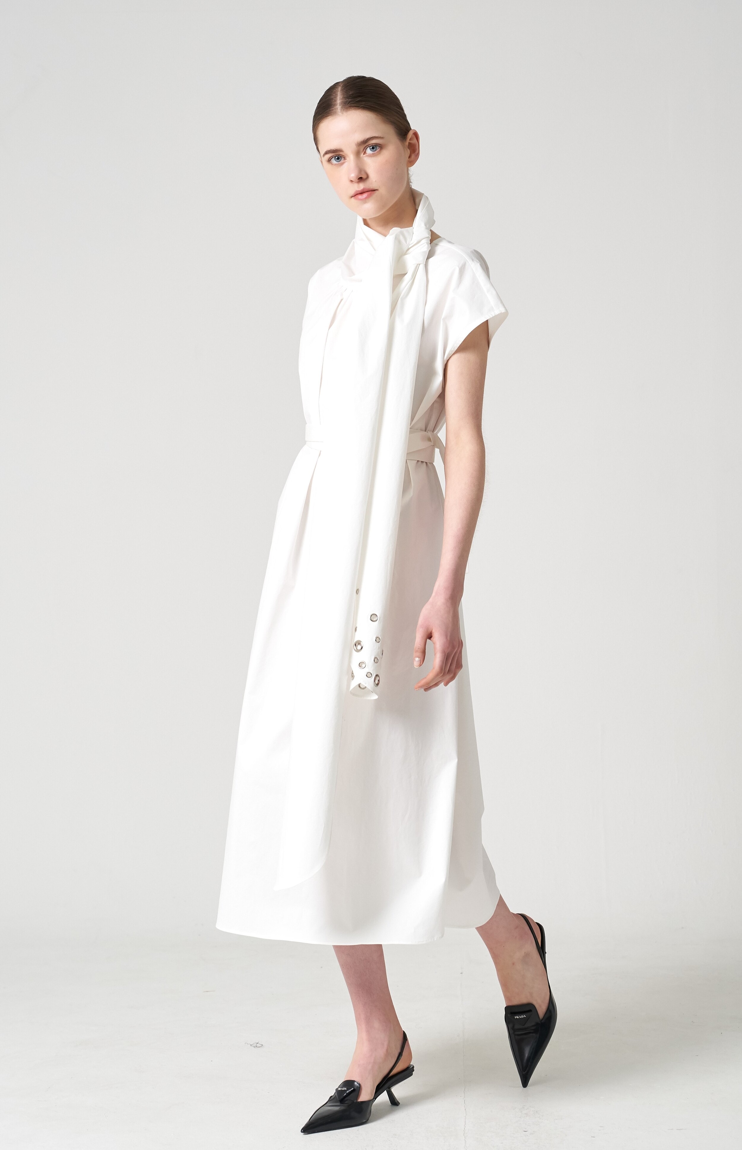 Embroidered ribbon poplin long dress