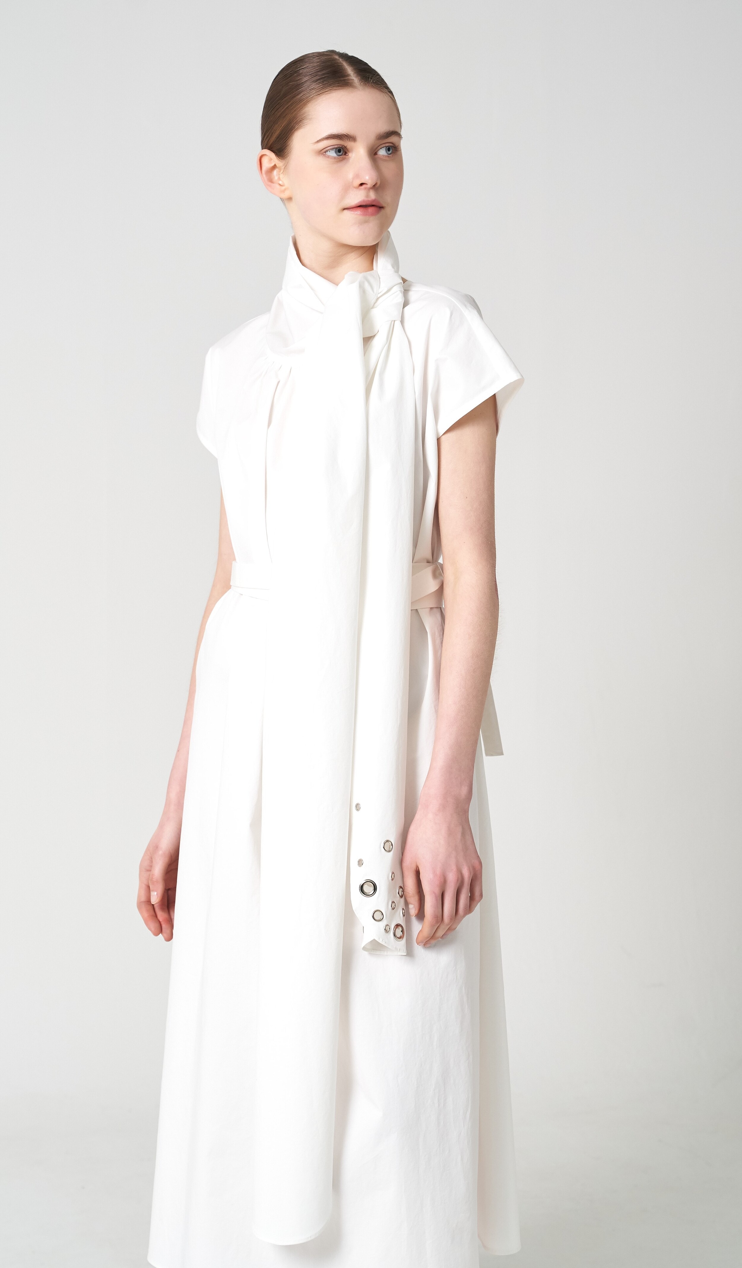 Embroidered ribbon poplin long dress