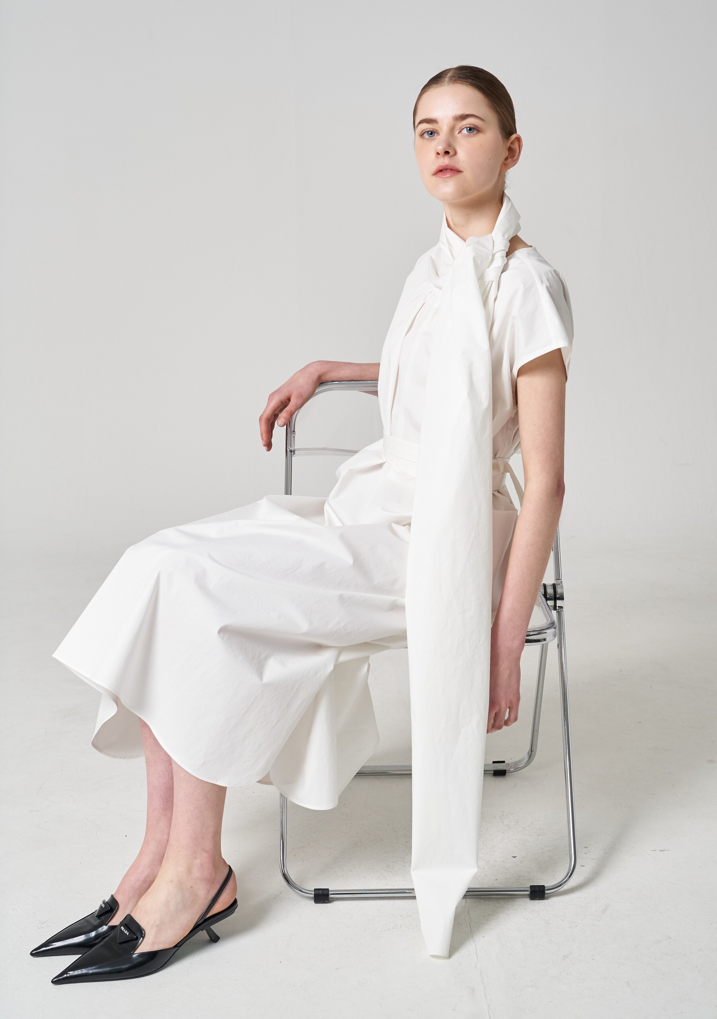 Embroidered ribbon poplin long dress