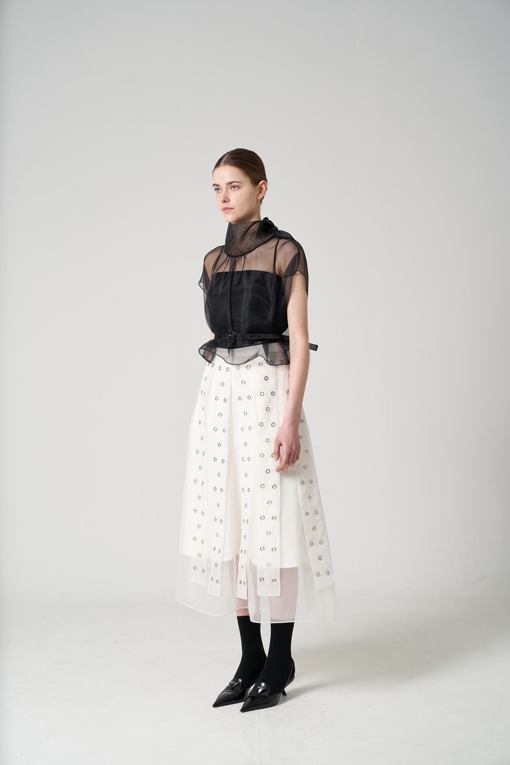 Embroidered organza midi-skirt
