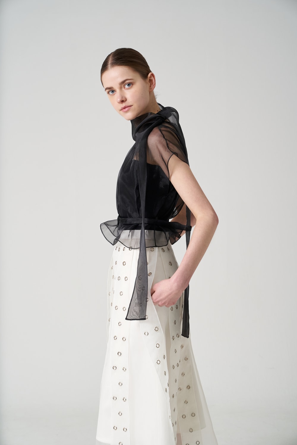 Embroidered organza midi-skirt