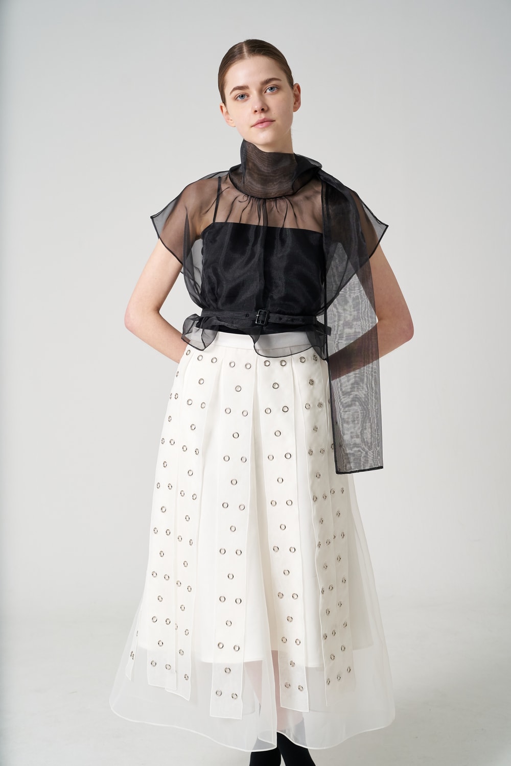Embroidered organza midi-skirt
