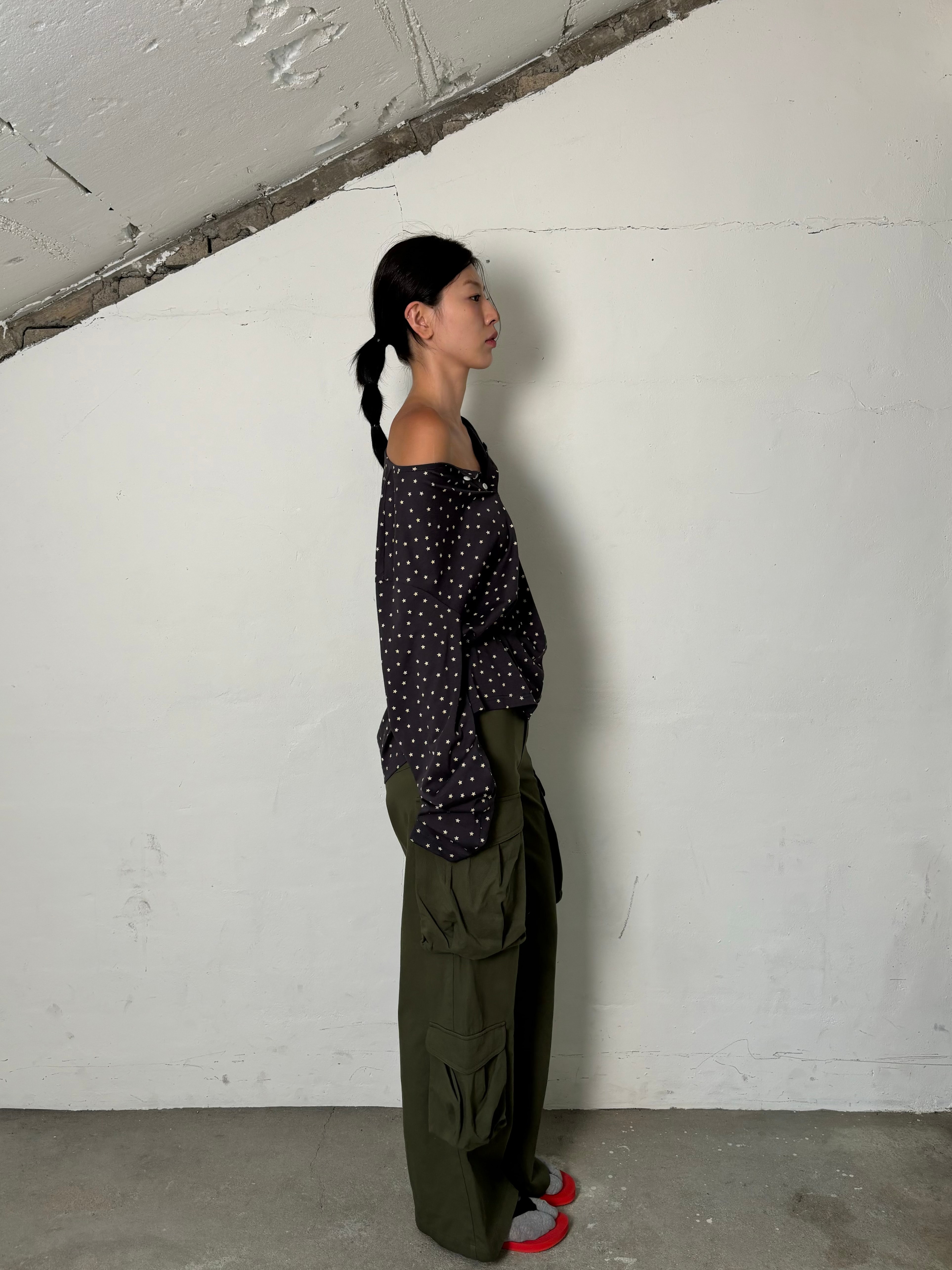 Pattern button t-shirts(Charcoal)