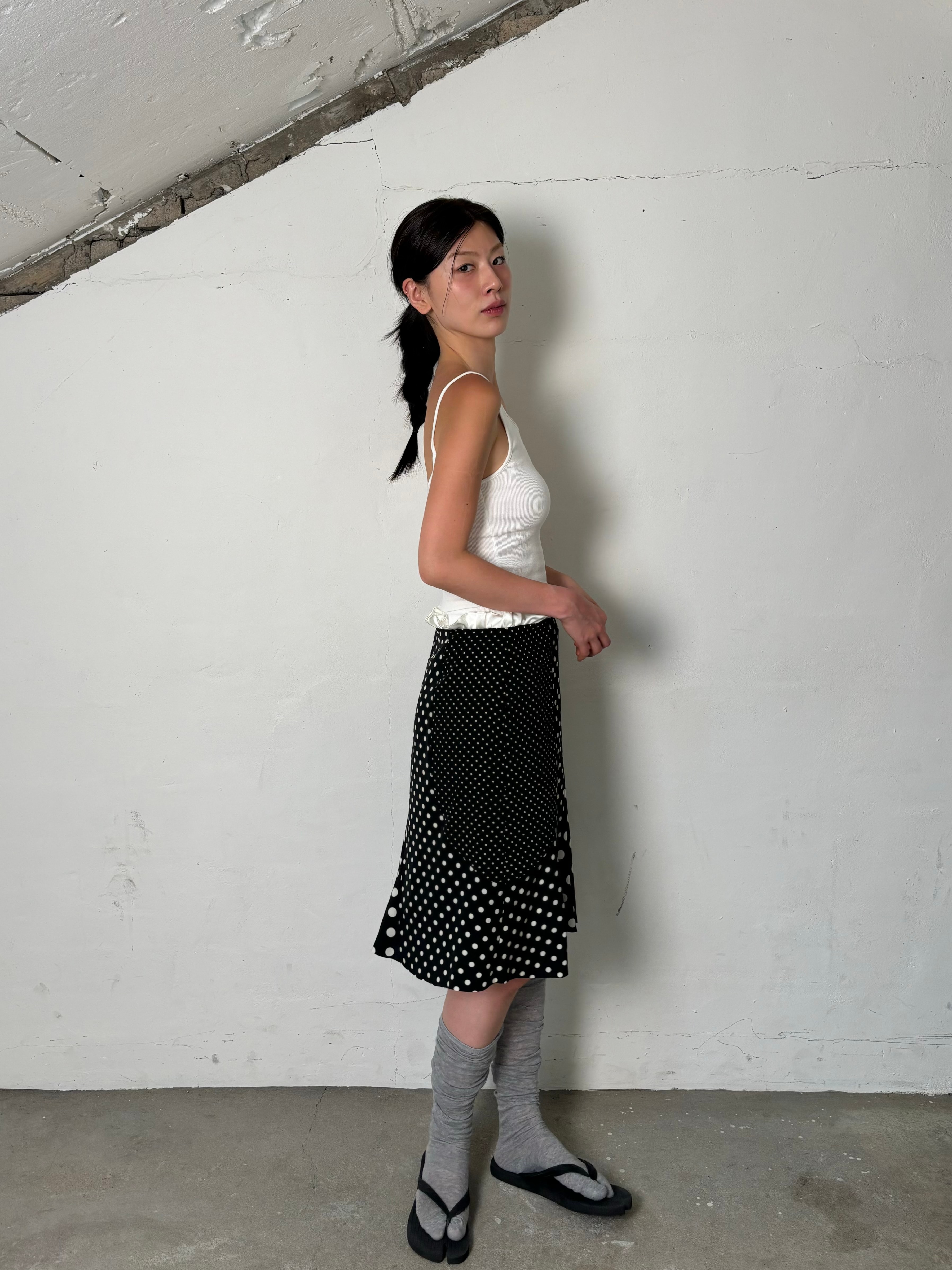 Dot patchwork frill skirt(Black)