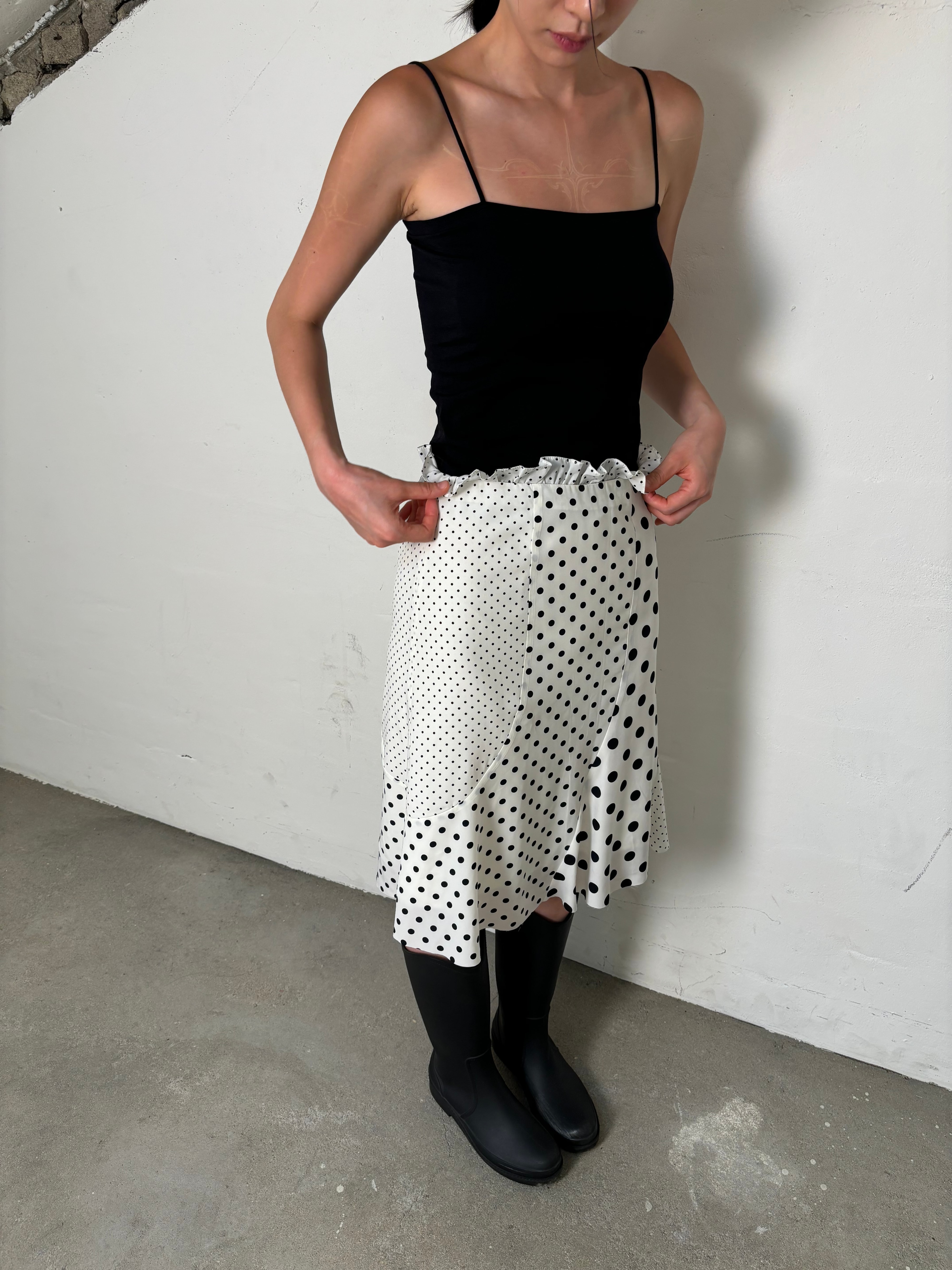 Dot patchwork frill skirt(Ivory)