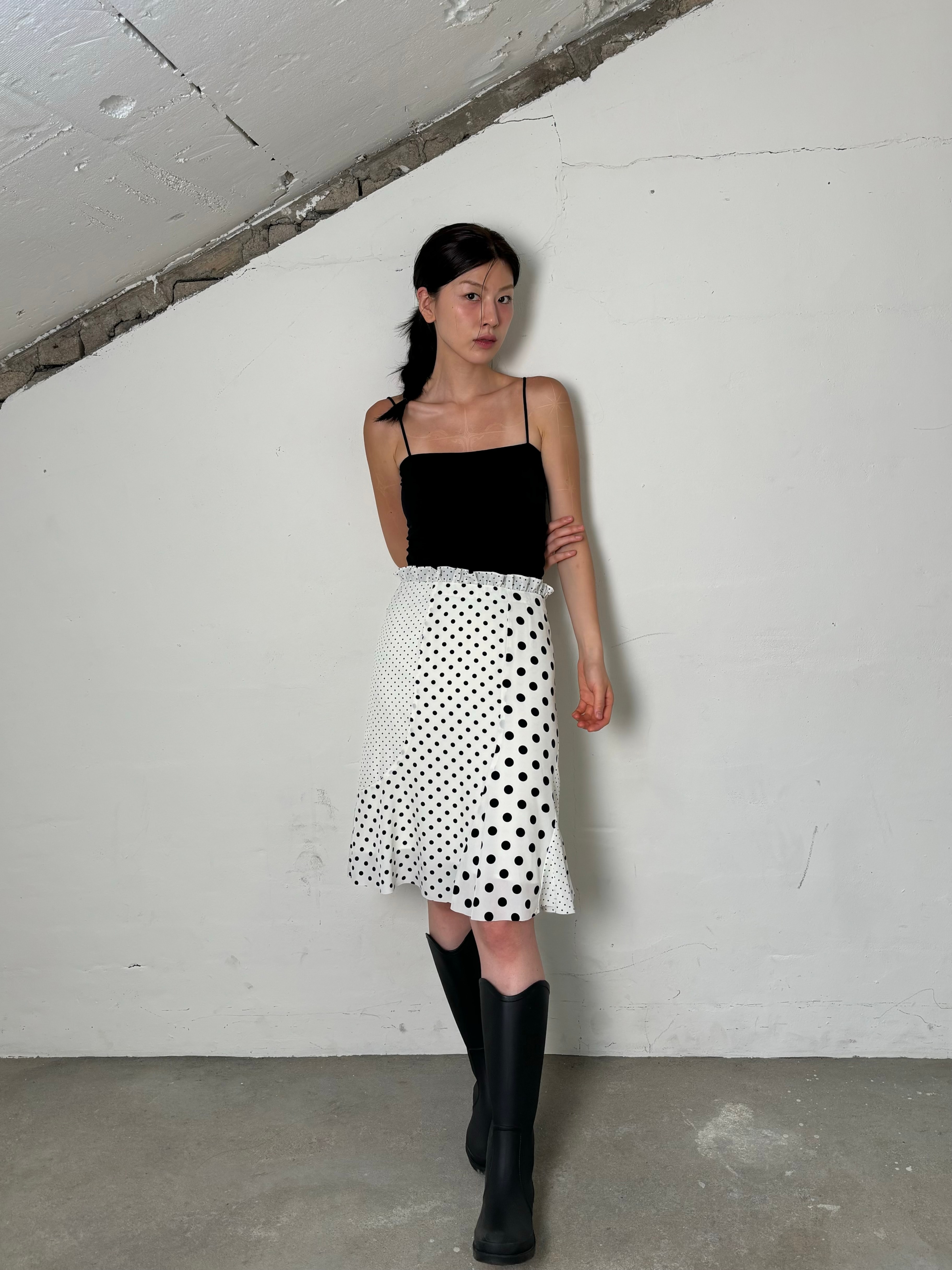 Dot patchwork frill skirt(Ivory)